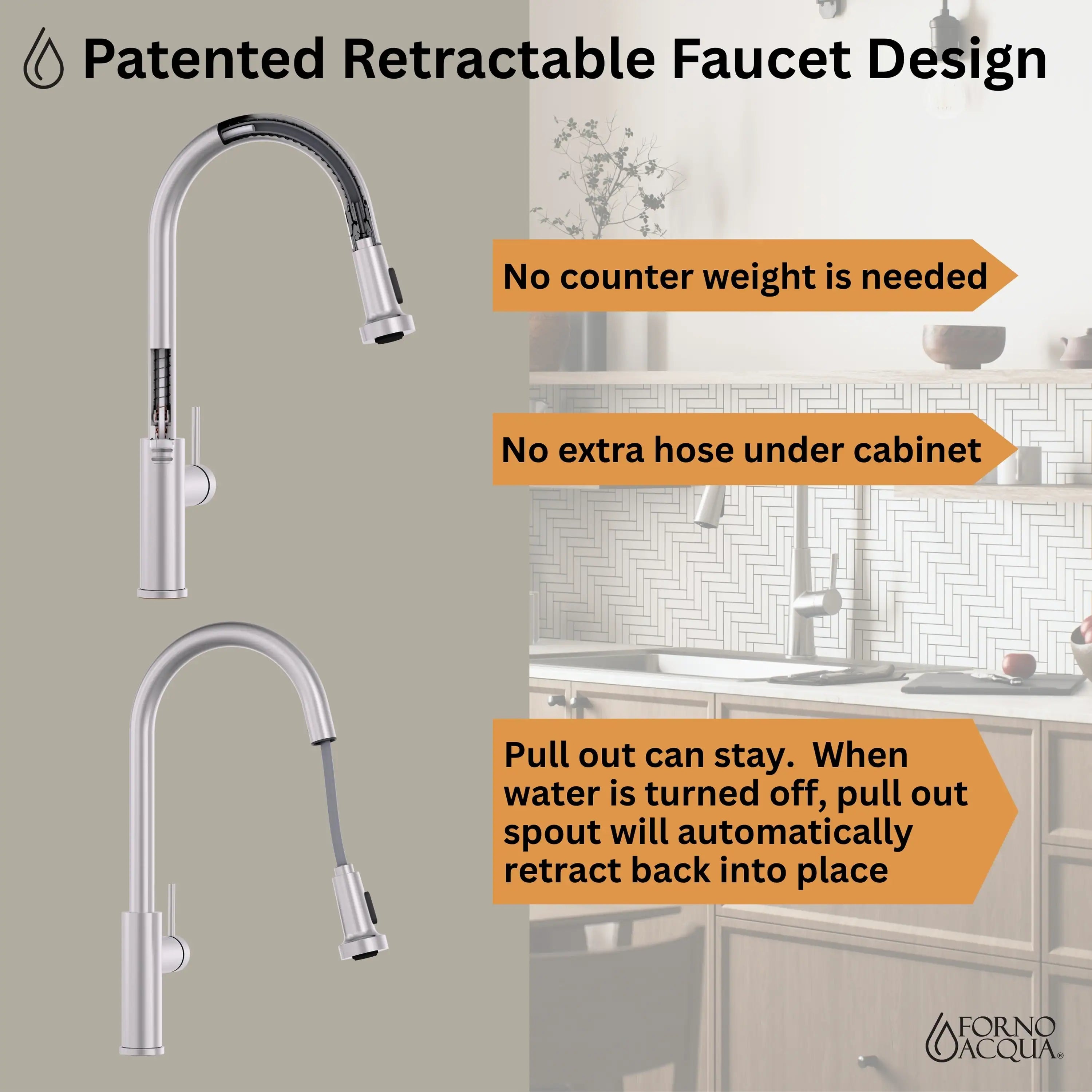 Retractable pull-out faucet design above stainless sink with integrated sprayer spout.