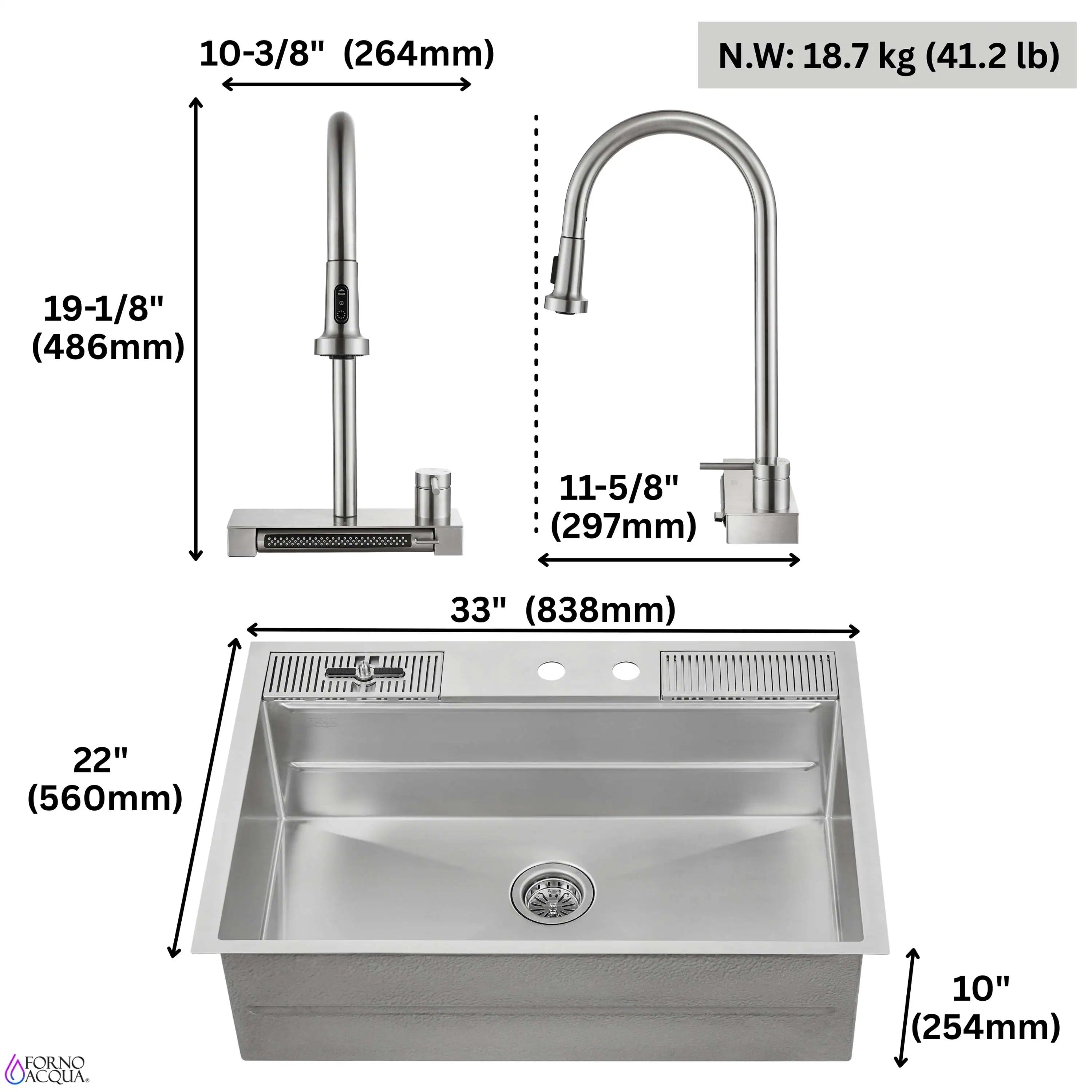 Dimension diagram of 33-inch stainless steel MultiSINK workstation sink and faucet