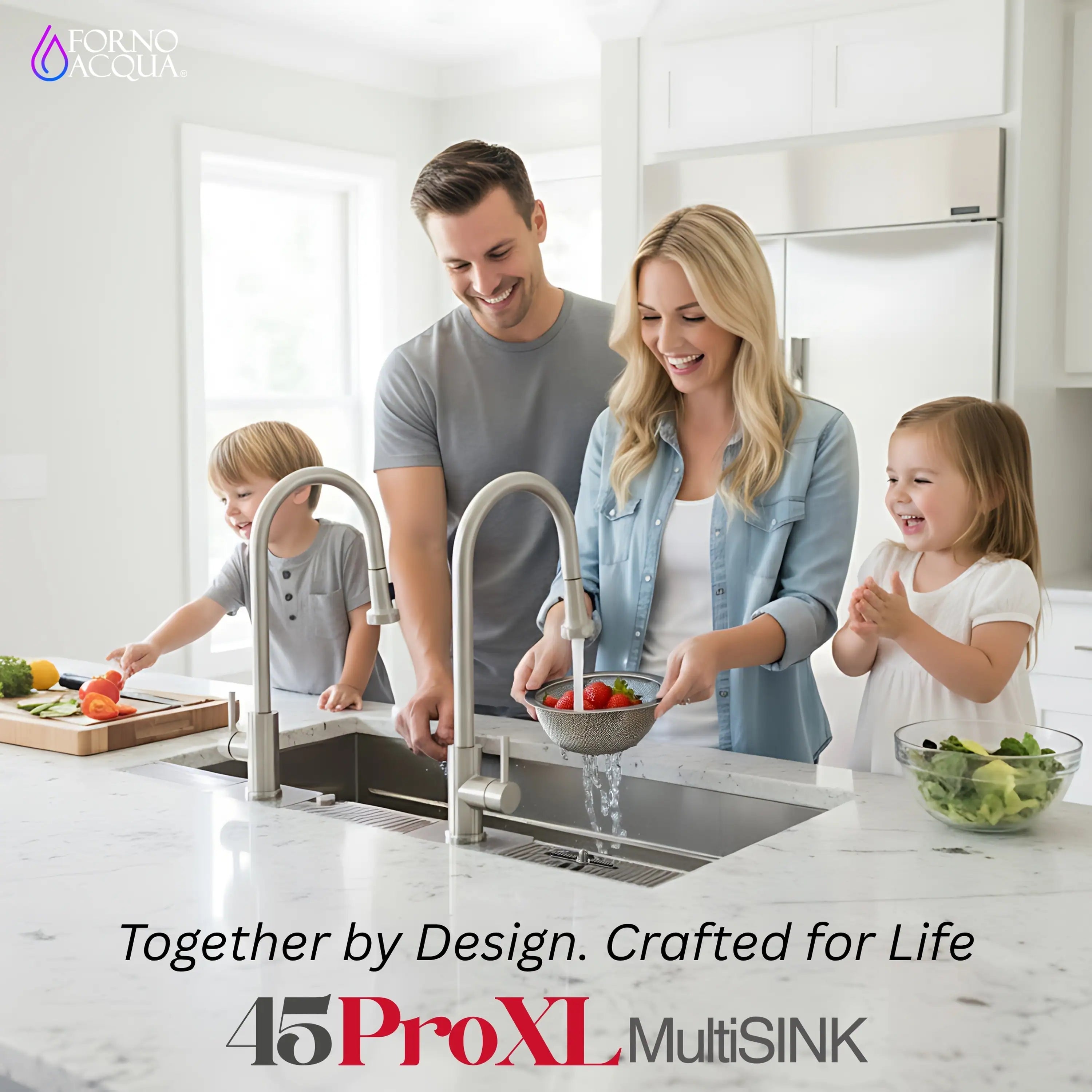 Stainless steel workstation sink with two faucets and family using the basin
