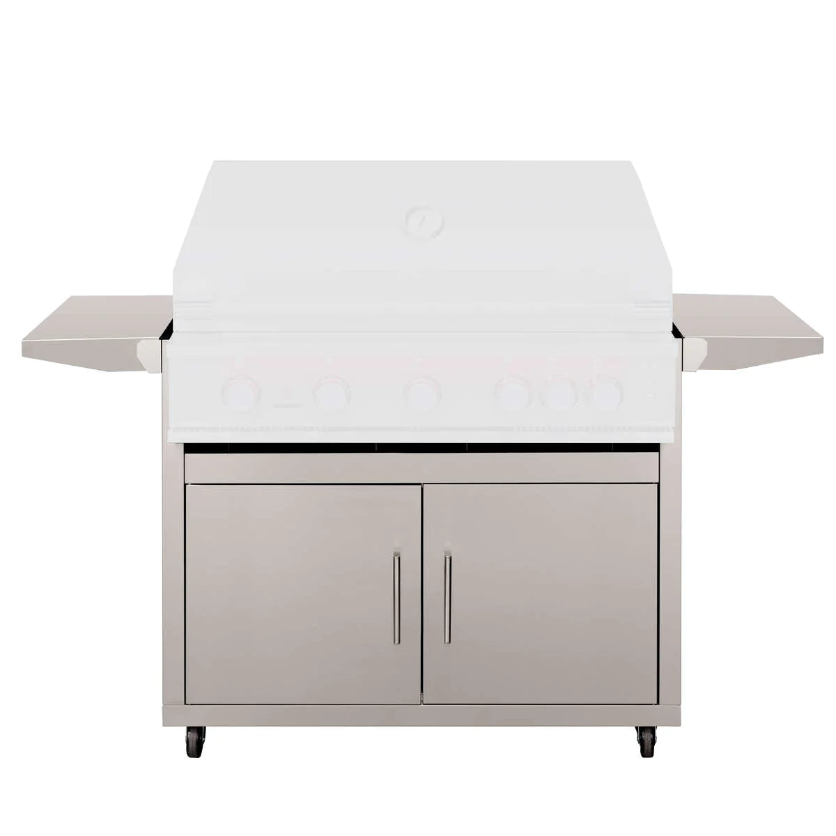 Stainless steel grill cart with side shelves and double-door storage cabinet