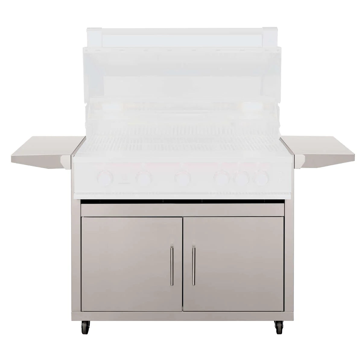 Open stainless steel grill cart with side shelves and double-door storage cabinet