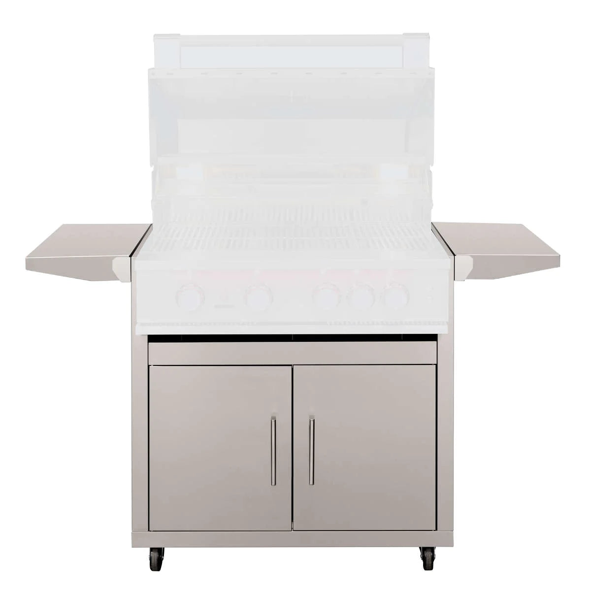 Stainless steel grill cart with lid, side shelves, and two-door storage cabinet on wheels