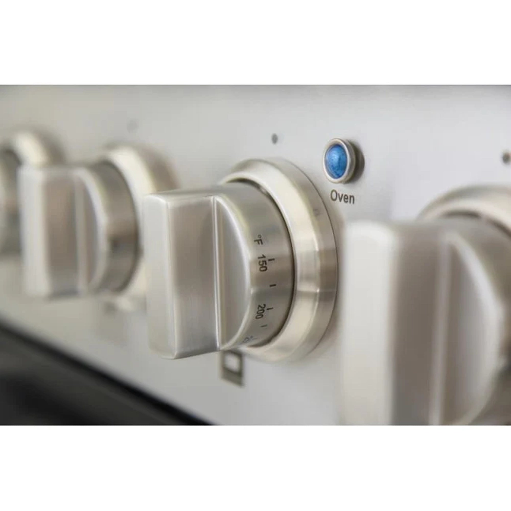 Stainless control knob with blue indicator on light blue gas range panel
