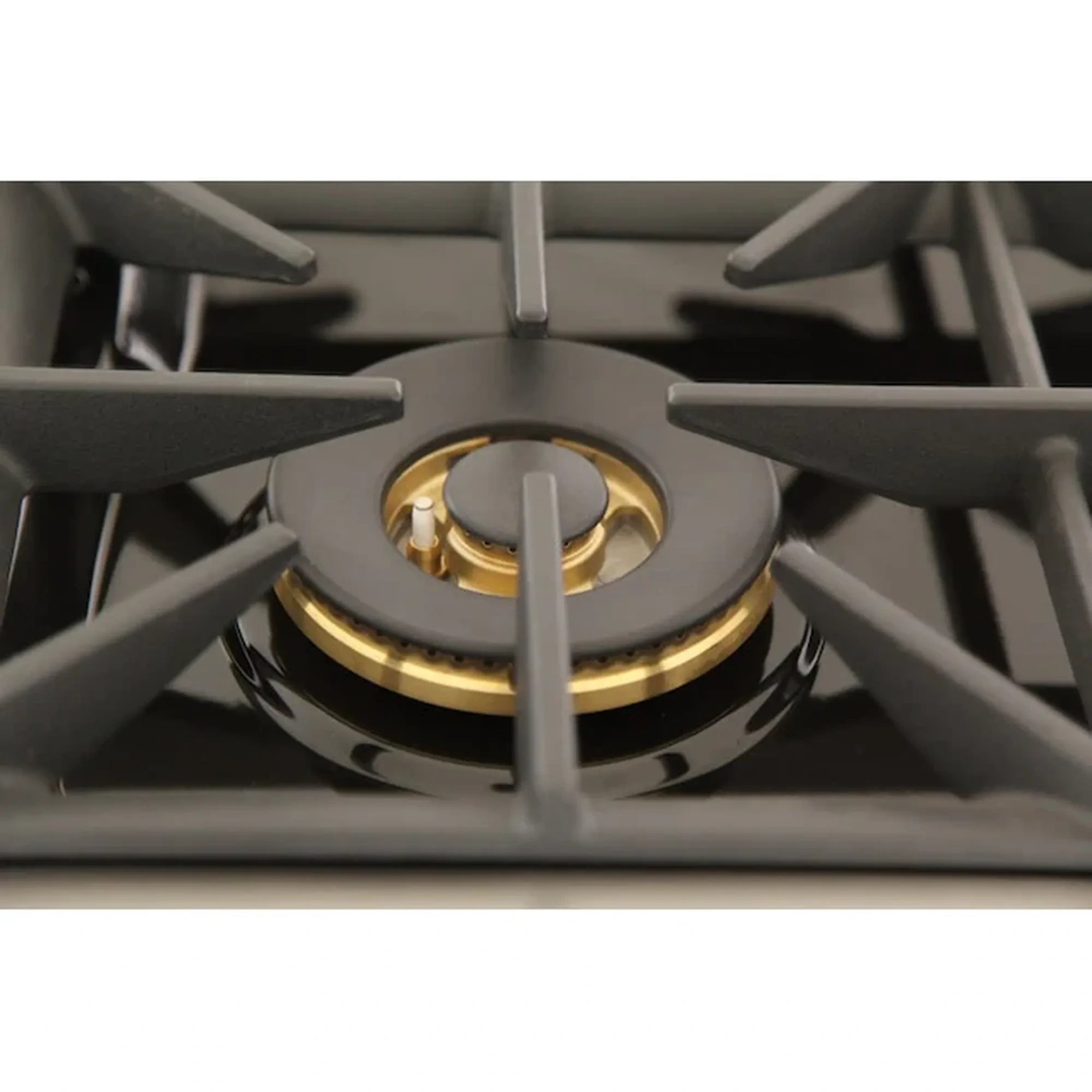 Gas burner close-up with blue flame and gold ring on a black grate