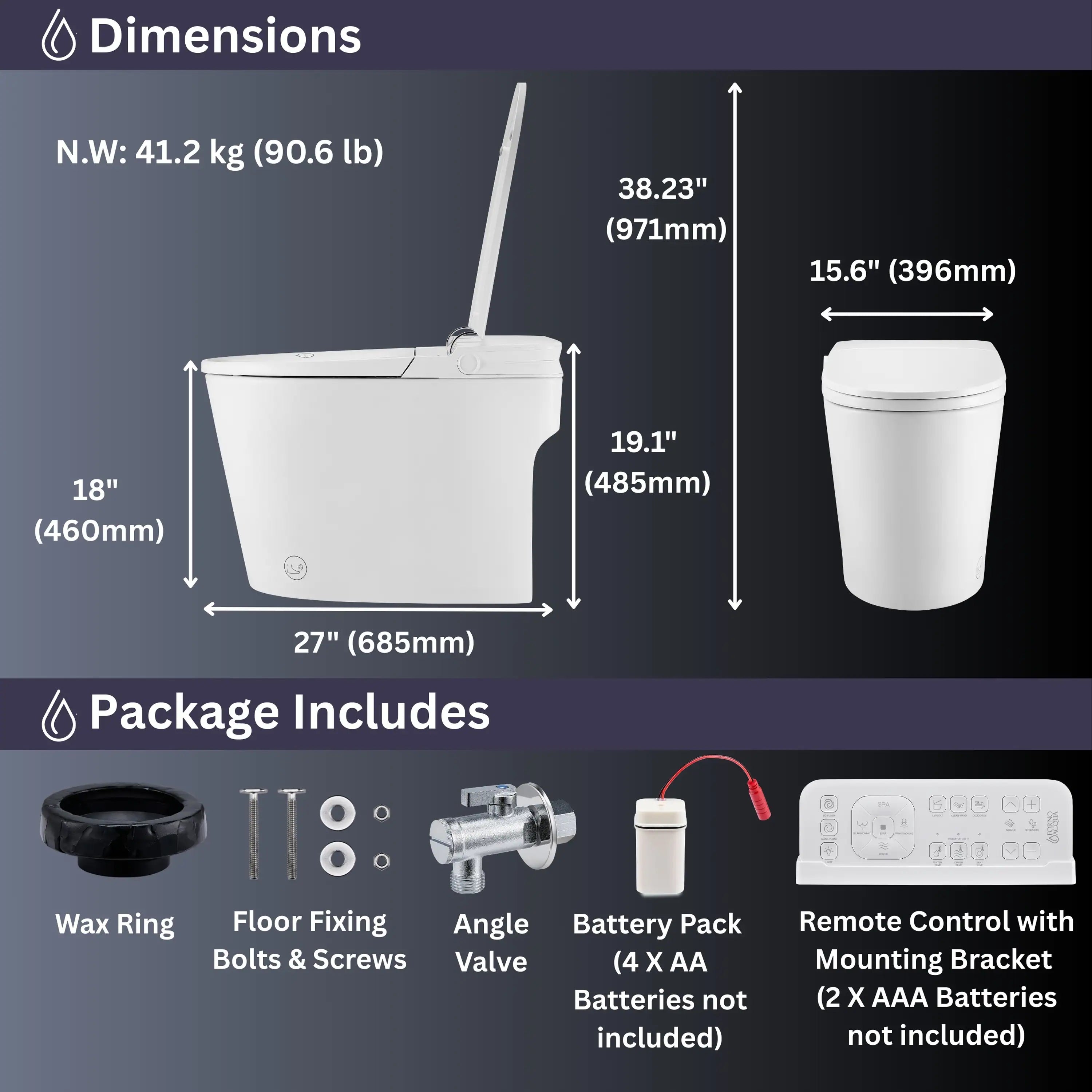 Smart toilet dimension diagram with package includes remote and mounts