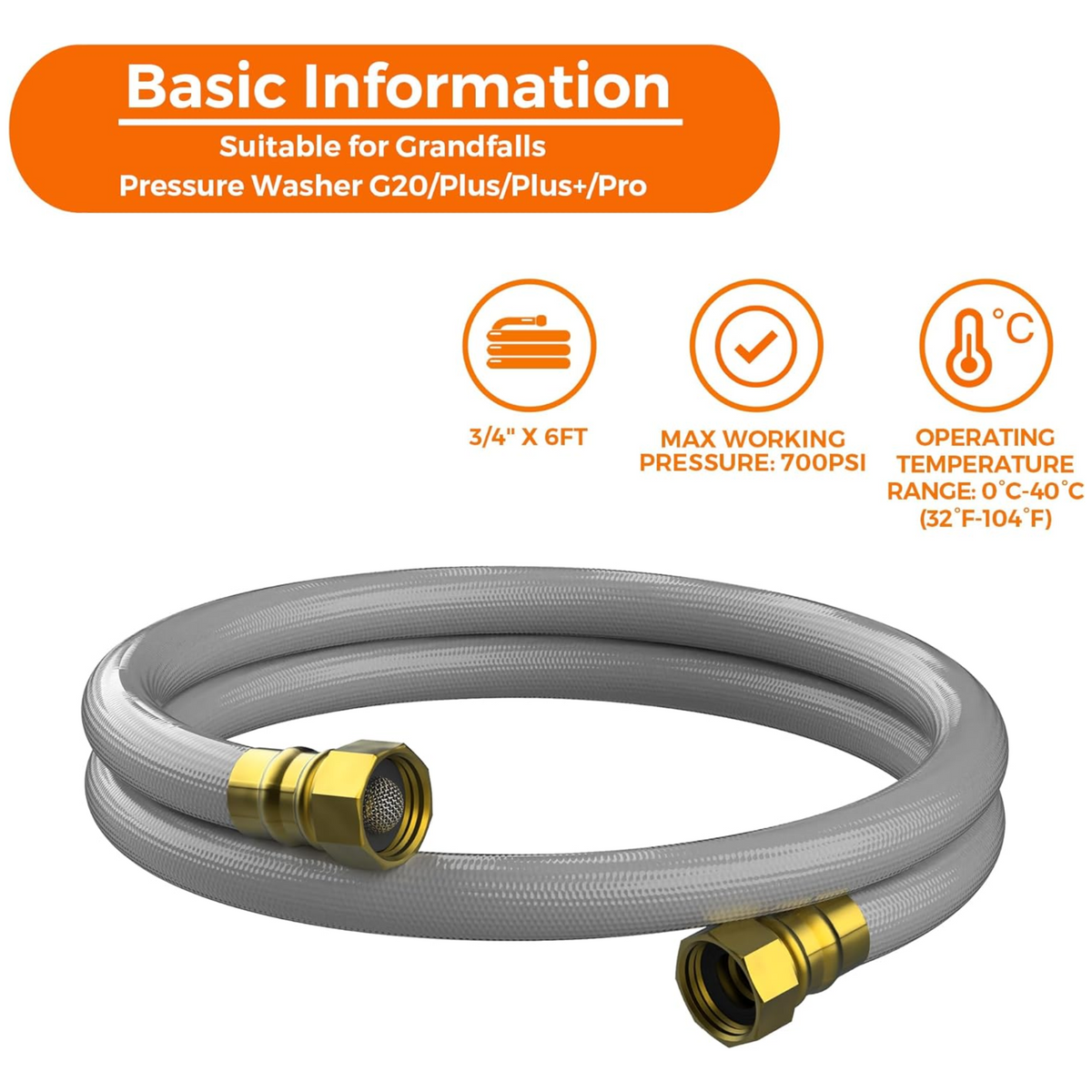 Grey braided pressure washer leader hose with gold threaded couplers
