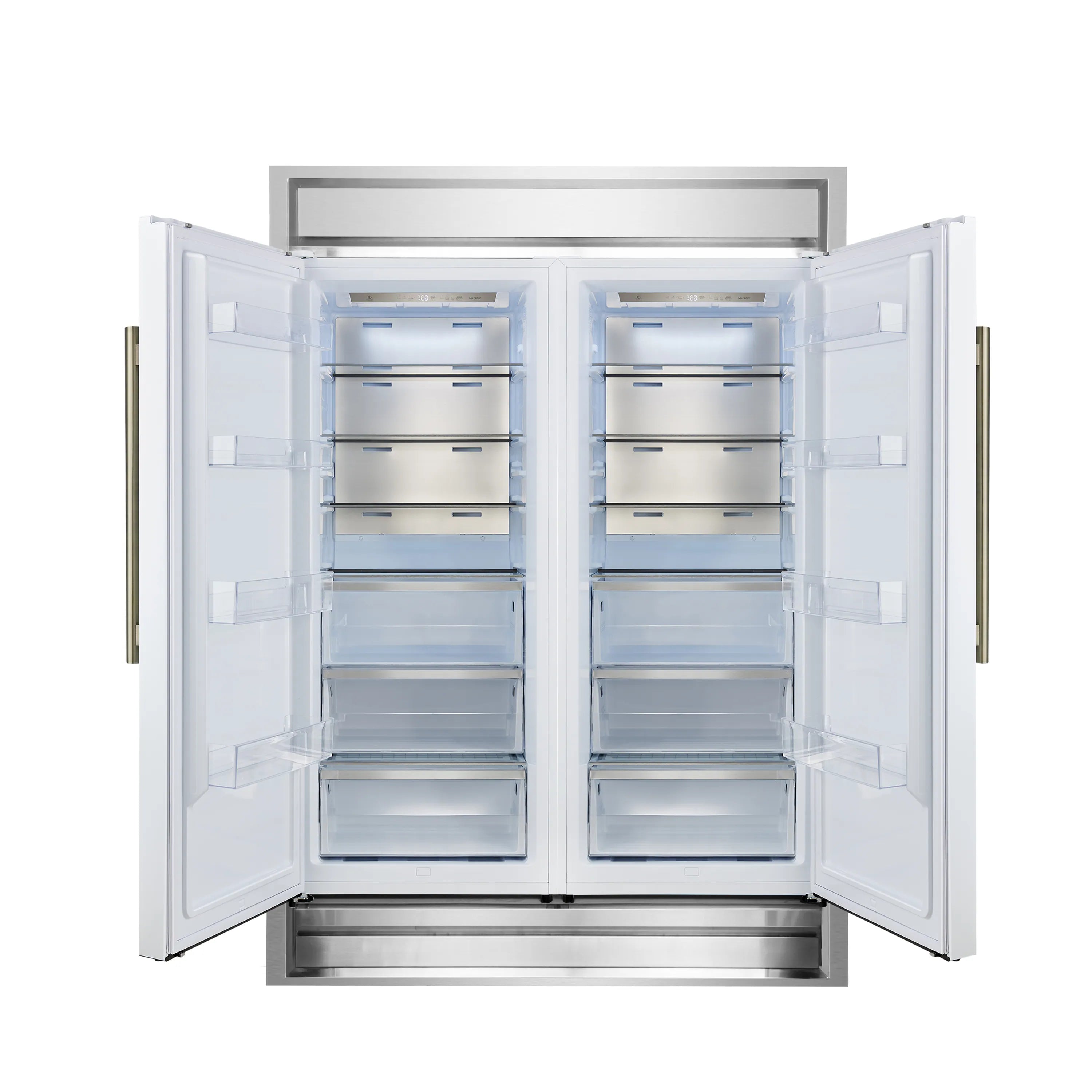 Built-in refrigerator with open white doors showing glass shelves and storage drawers