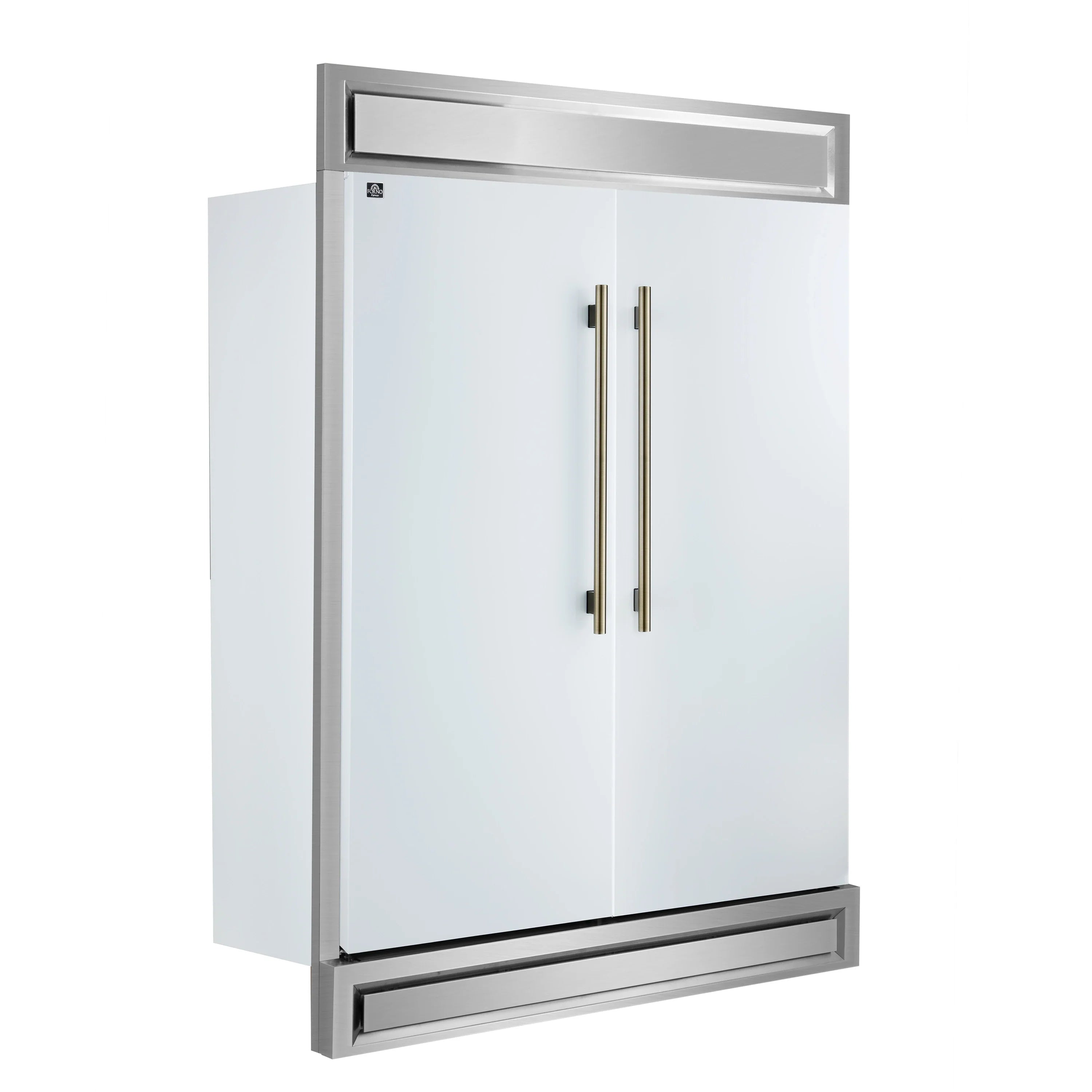 White refrigerator with antique brass handles and top and bottom trim