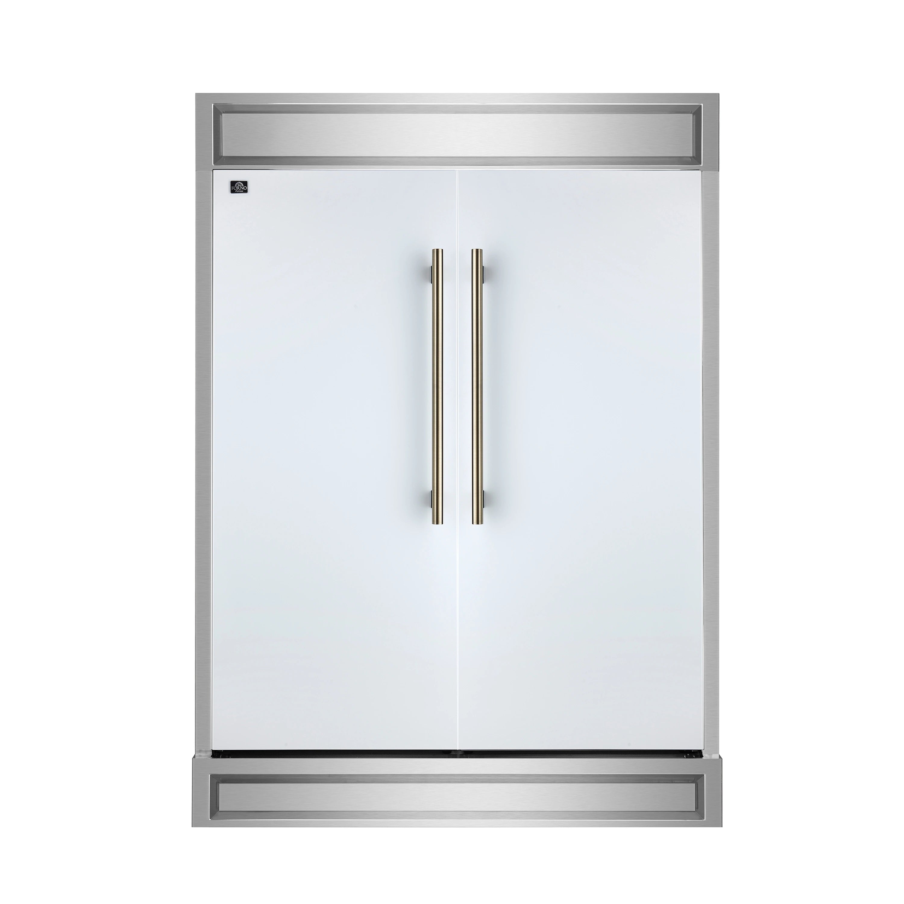 Built-in refrigerator with white doors, antique brass handles, stainless trim frame