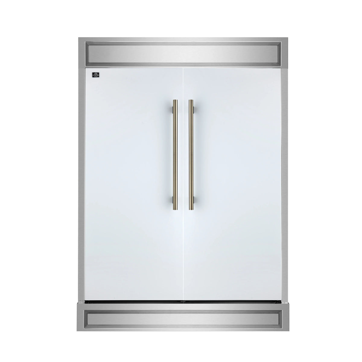 Forno 60-inch refrigerator in white with two antique brass vertical handles