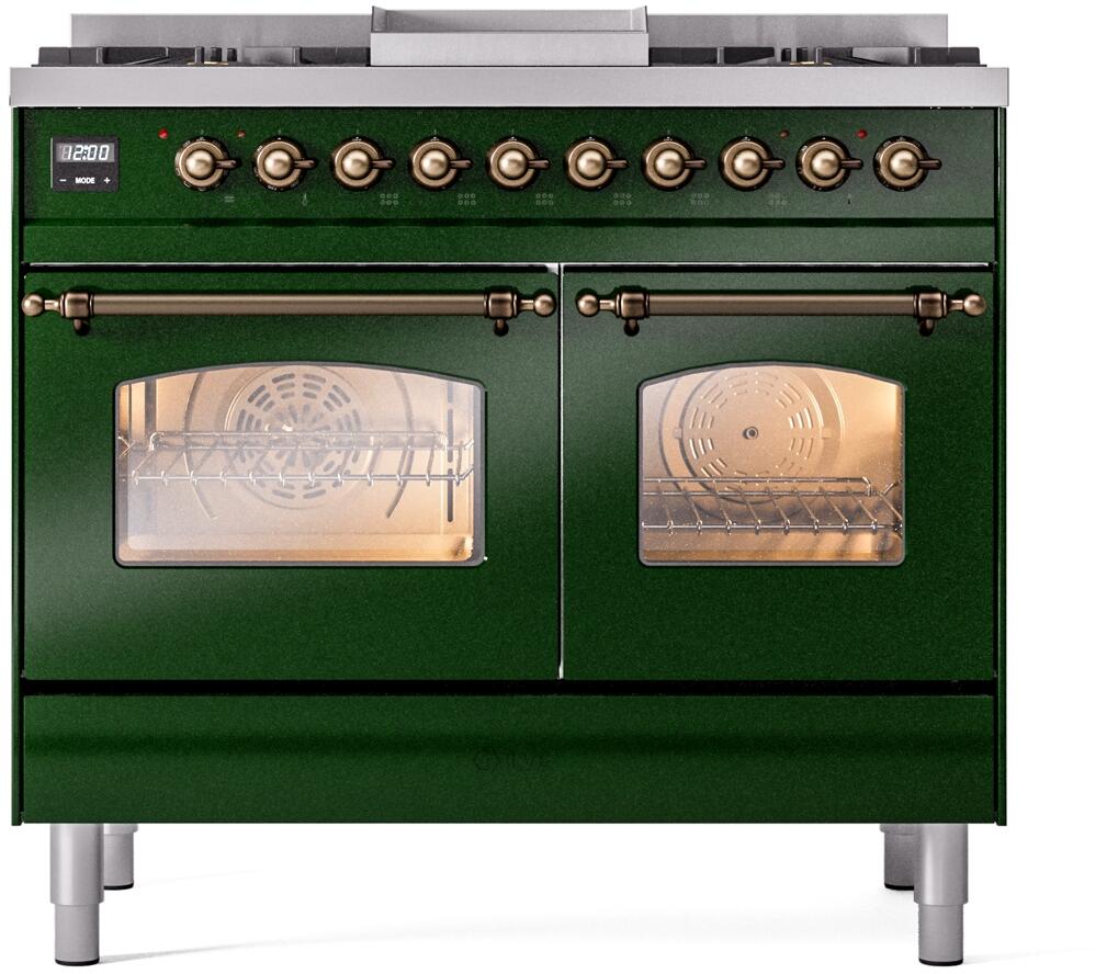 Emerald green dual fuel freestanding range with two glass oven doors and bronze knobs
