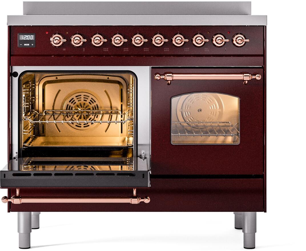 Burgundy freestanding electric induction range with copper trim, open oven door
