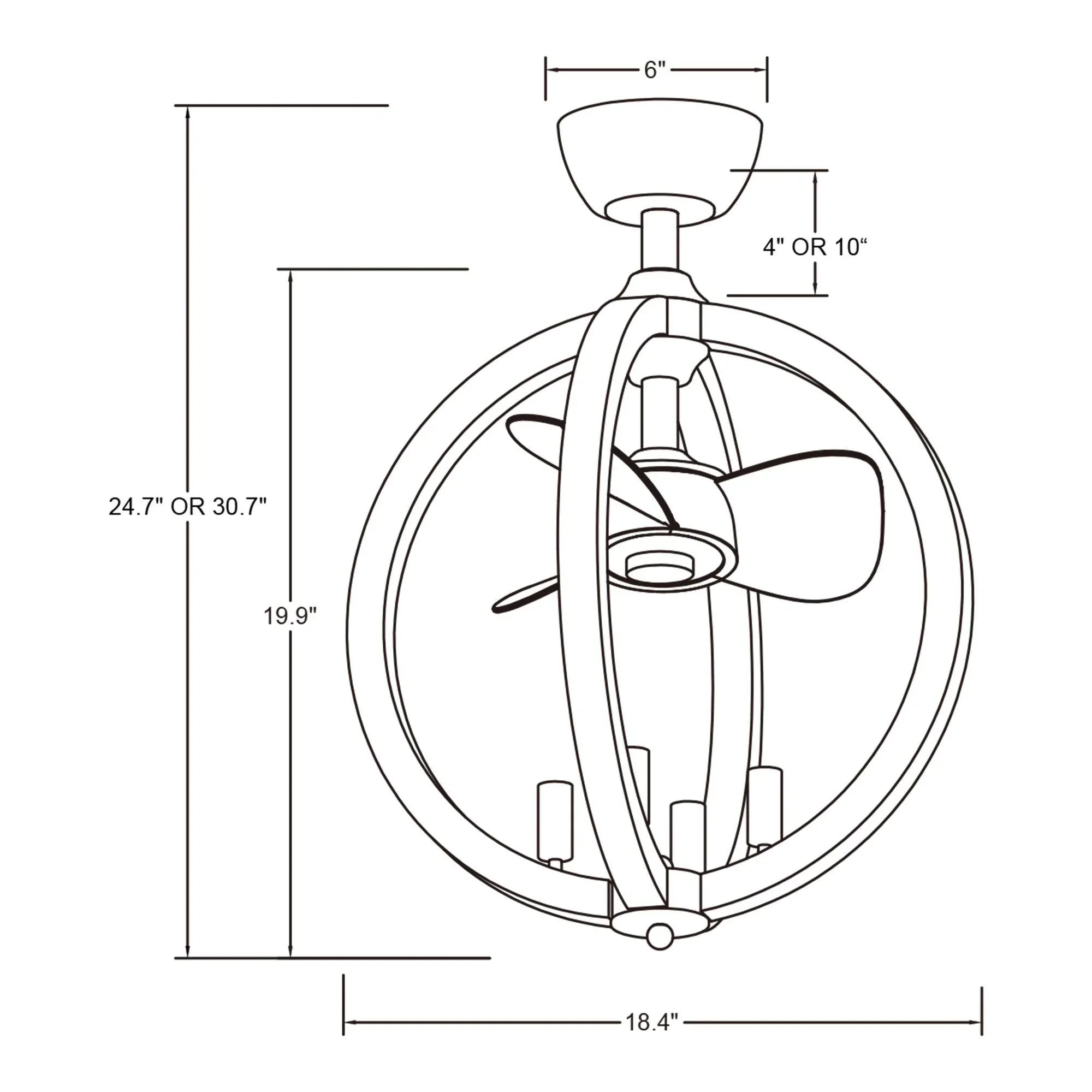 Ceiling fan dimensions diagram showing mounting sizes for white modern fan