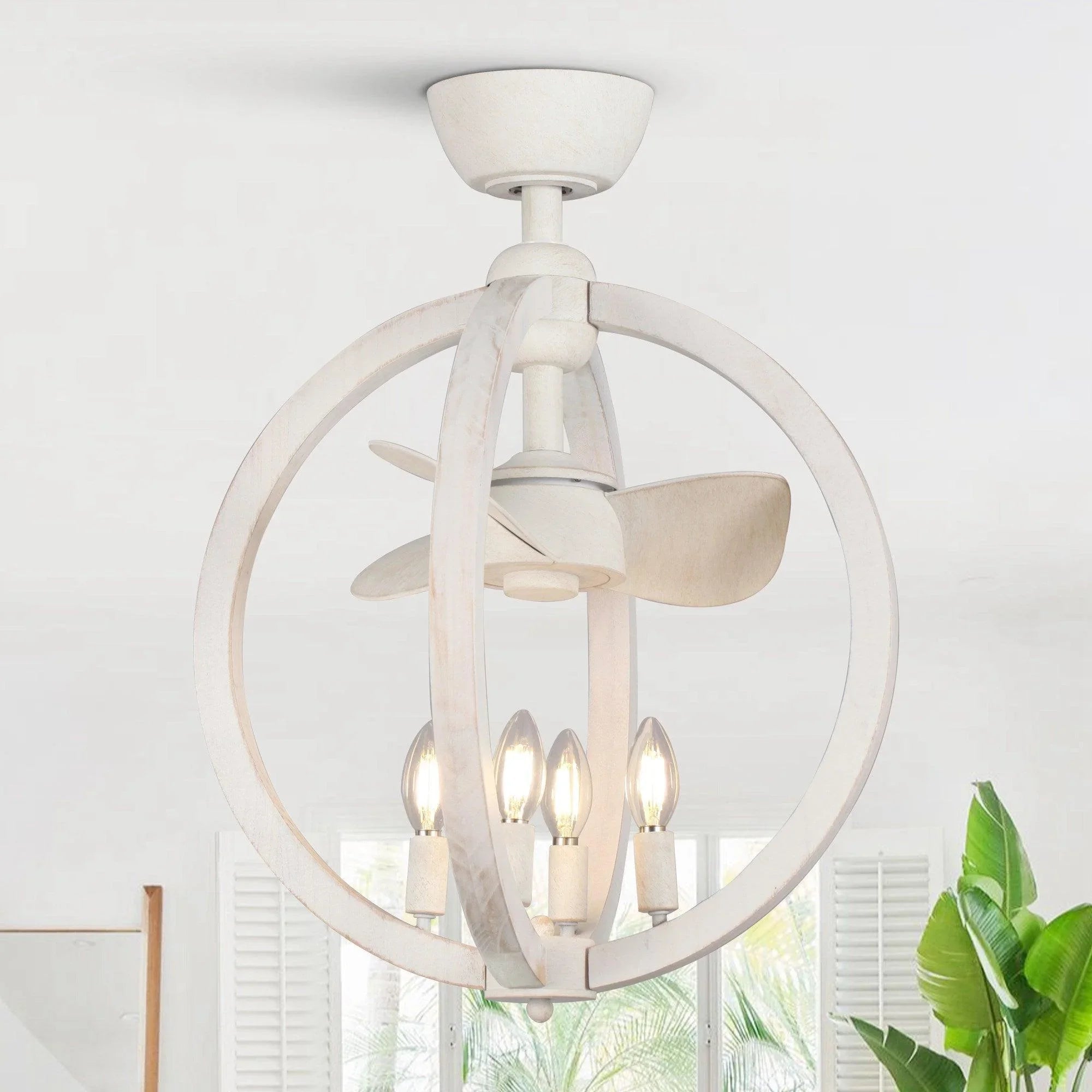 White ceiling fan with four curved blades and integrated light bulbs in a ring frame