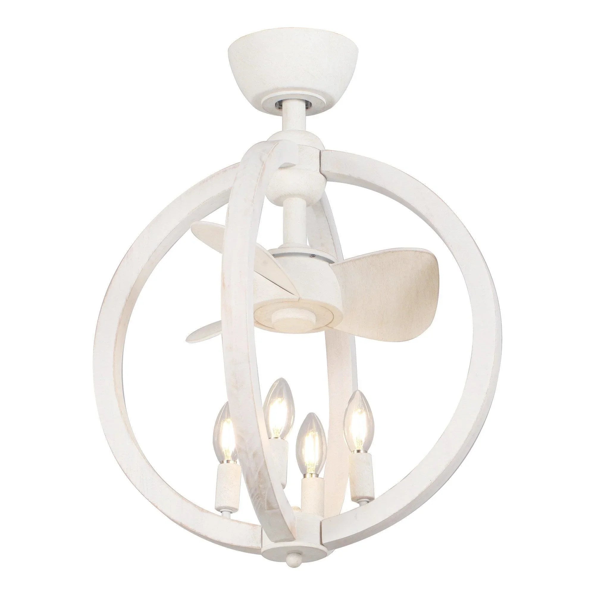 White ceiling fan with ring frame, four blades, and lit bulbs; front view