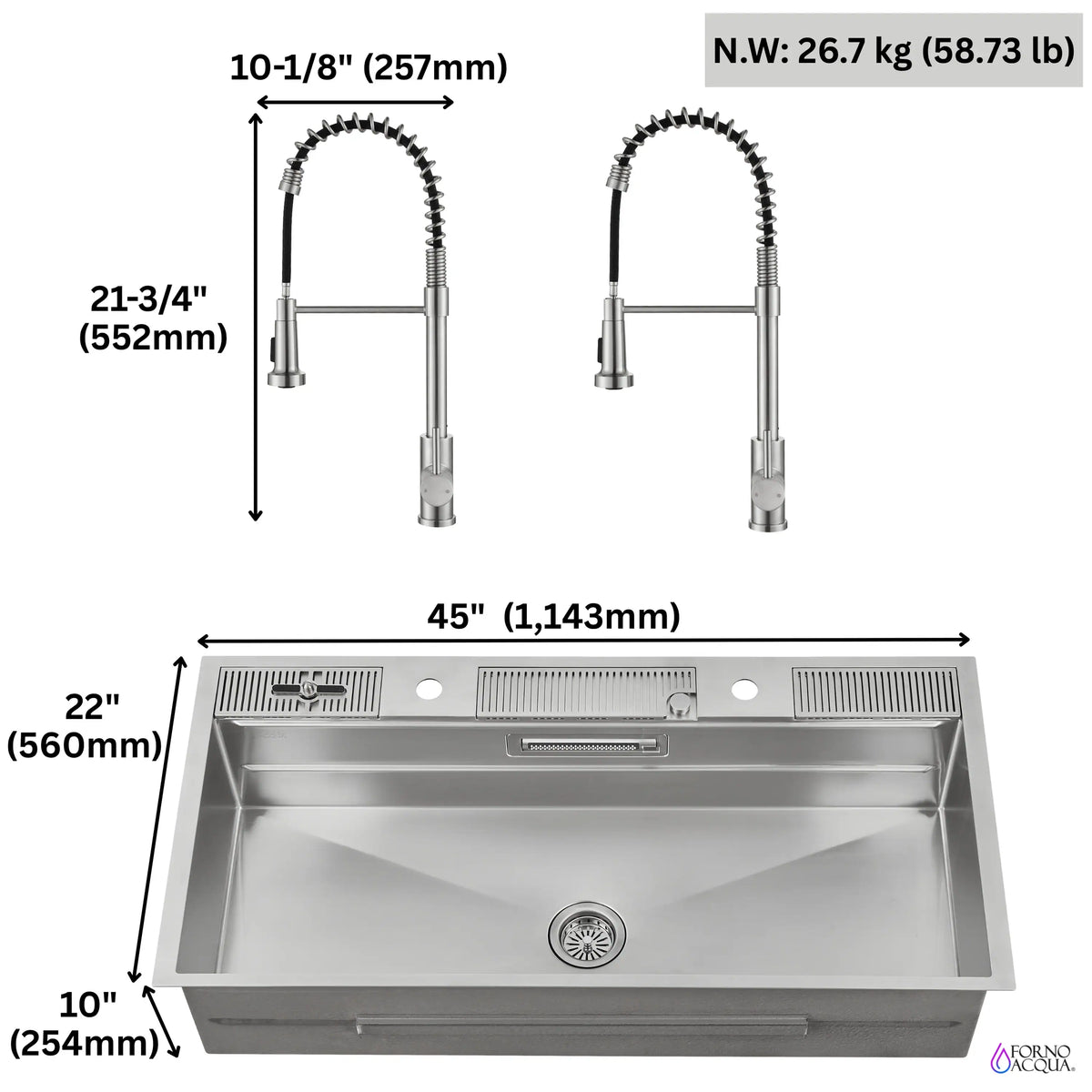 Drop-in/undermount stainless sink dimensions with dual faucet layout, side view