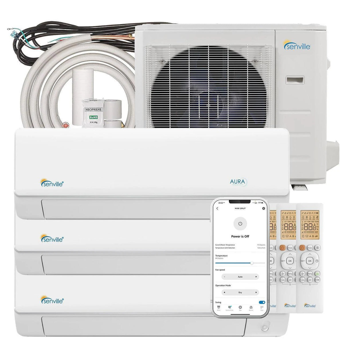 Senville Mini Split - 3-Zone 18,000 BTU Ductless Air Conditioner and Heat Pump Condenser with Wall Mount Air Handlers (SENA-18HF-T)
