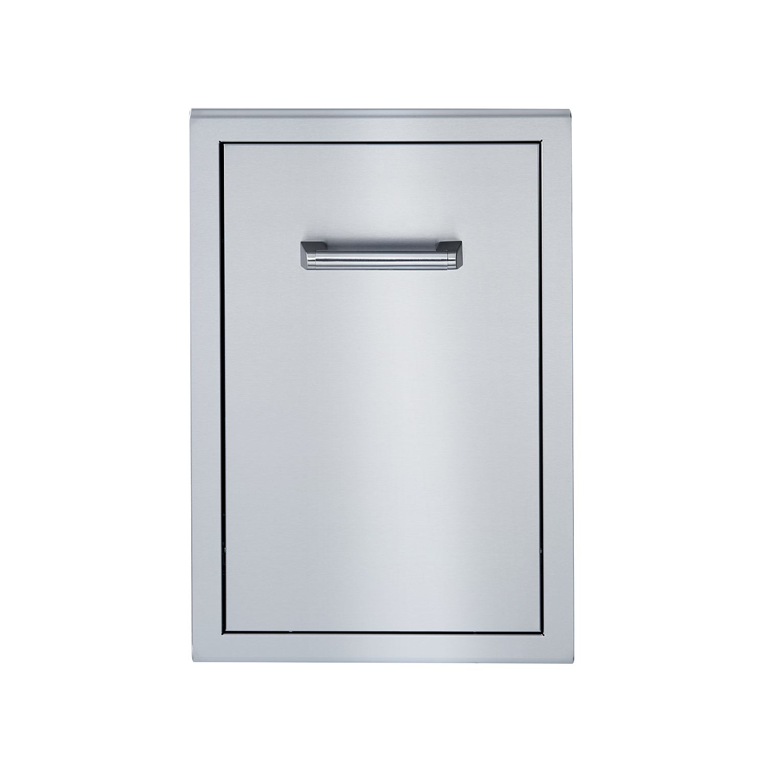 Metal storage drawer for roll-out container with gray front panel and recessed handle