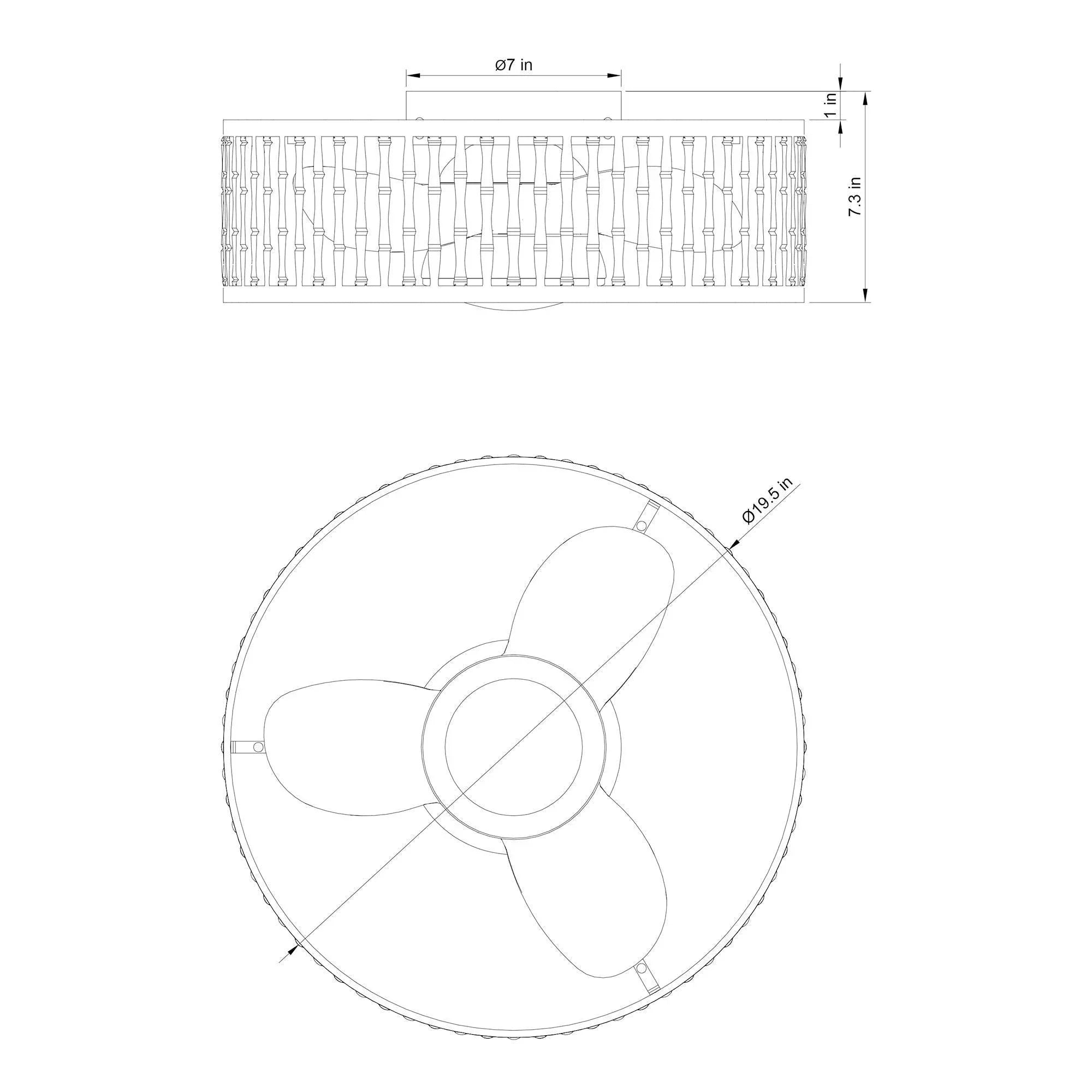 Line drawing of brown flush mount ceiling fan layout with 19.5 in size