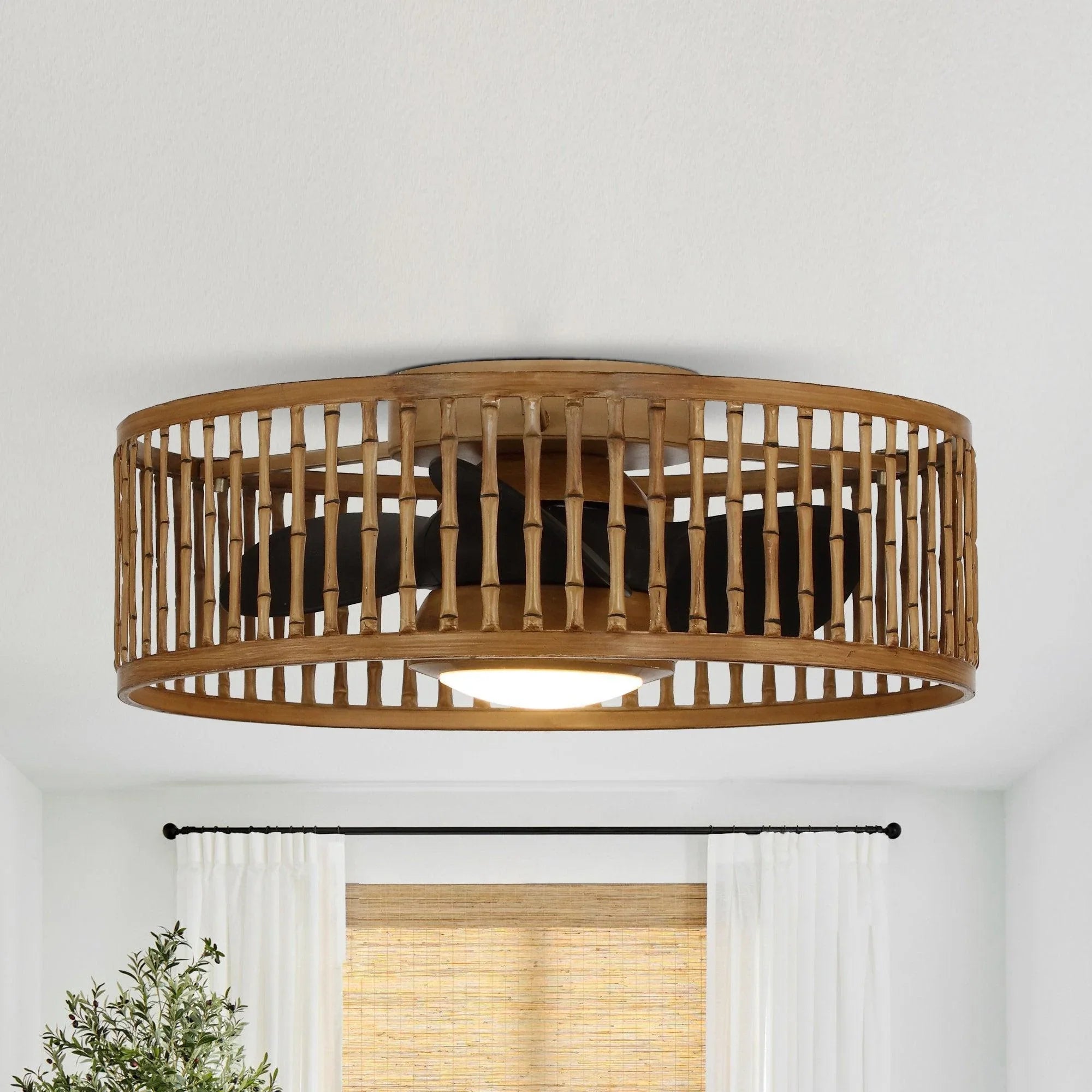 Brown slatted drum flush mount ceiling fan with visible light panel