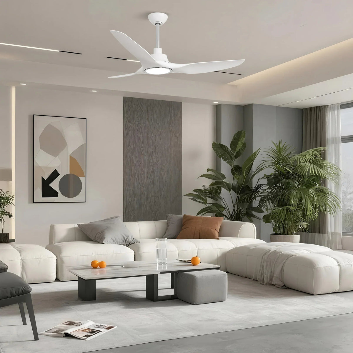 White 3-blade ceiling fan with LED light on a round ceiling mount