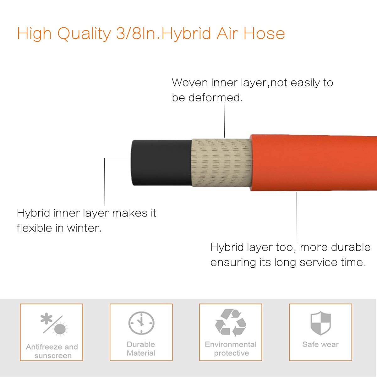 3/8 in hybrid air hose cross-section showing orange hose layers