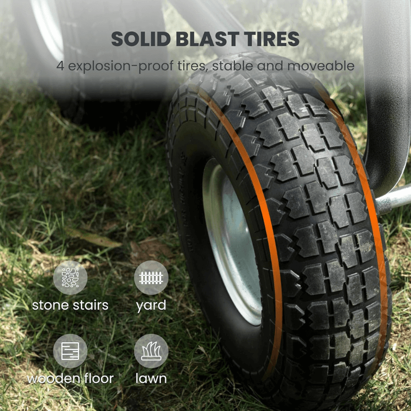 Hose reel cart tire close-up with rugged tread for lawn and hard surfaces