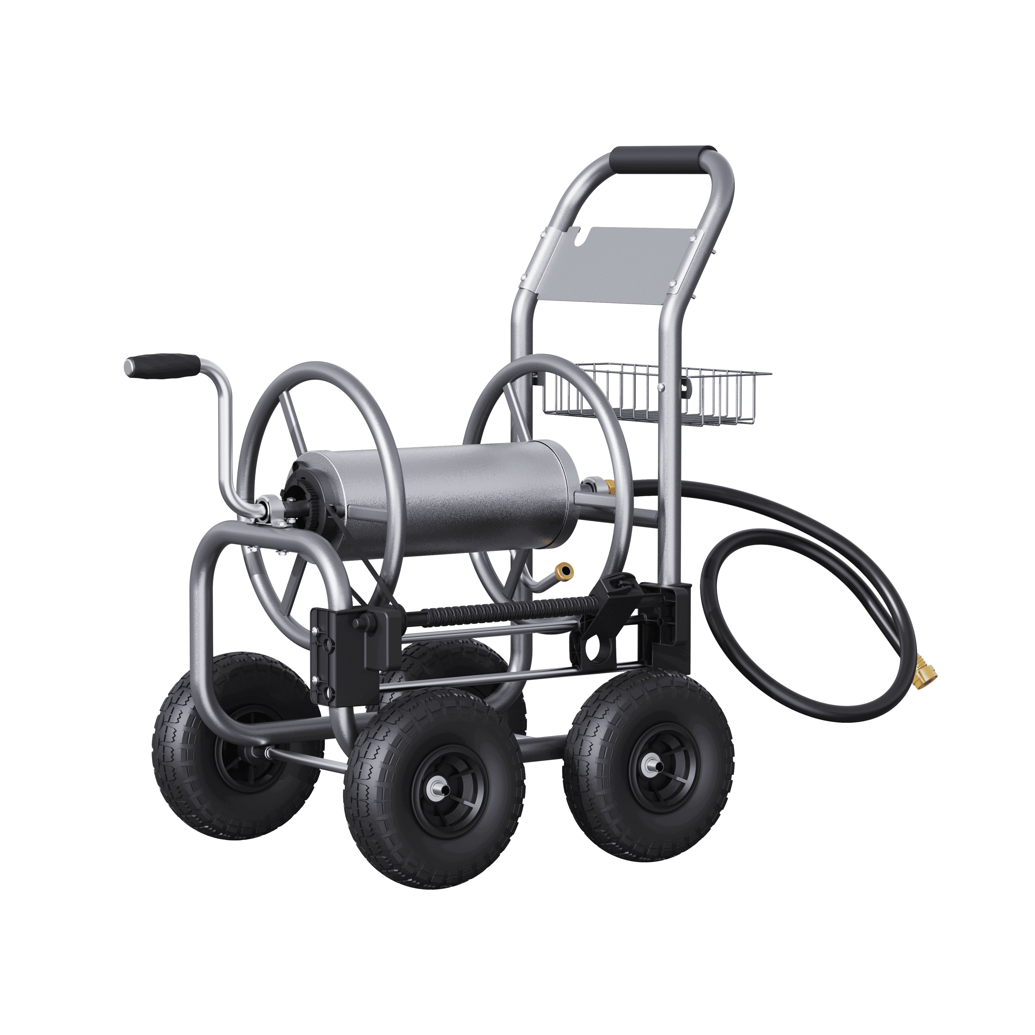 Gray hose reel cart with four wheels, hose reel drum, and front hose outlet