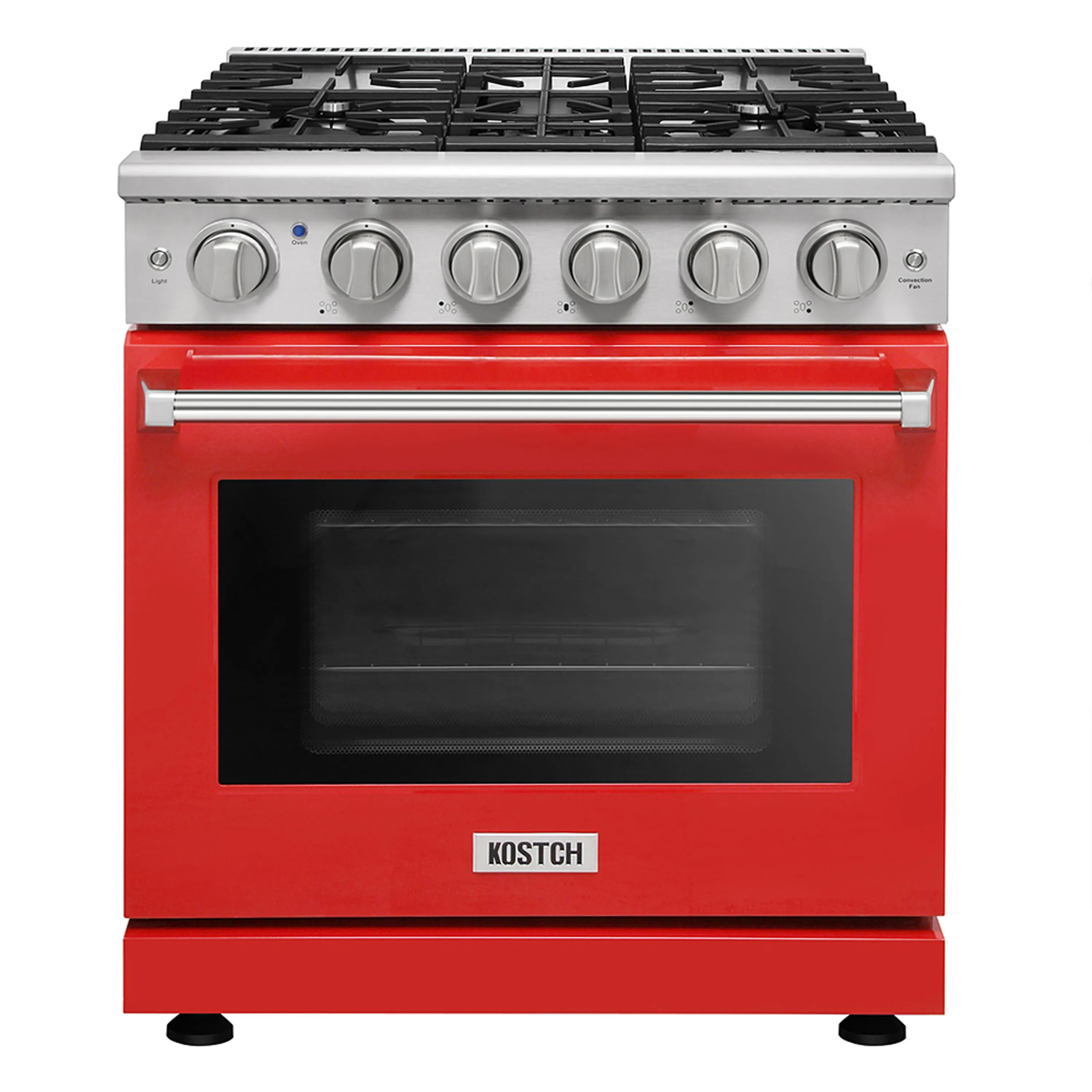 Red 30-inch gas range with 5 sealed burners and black oven window