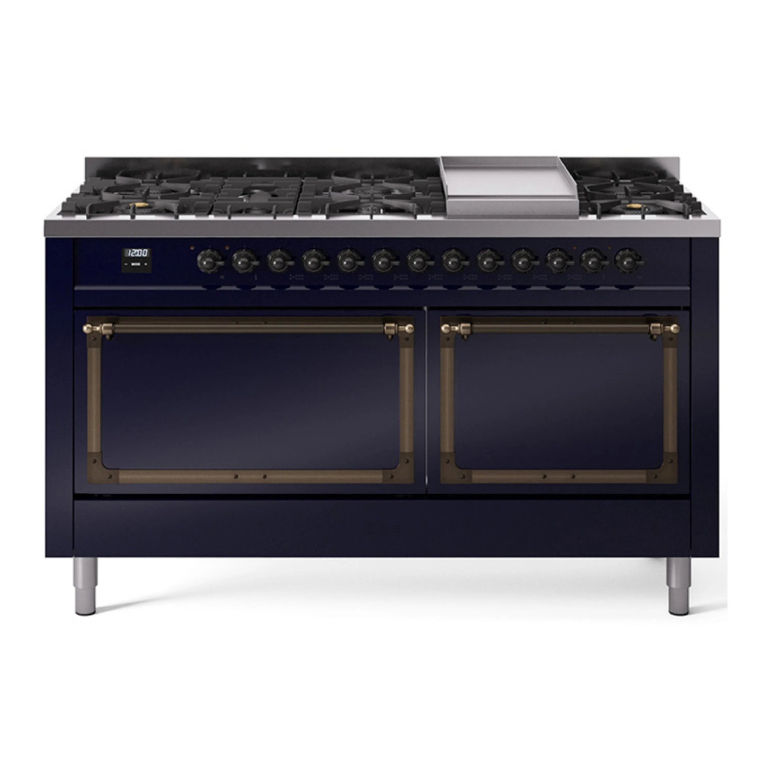 Midnight blue dual fuel range with bronze knobs, griddle, and nine sealed burners