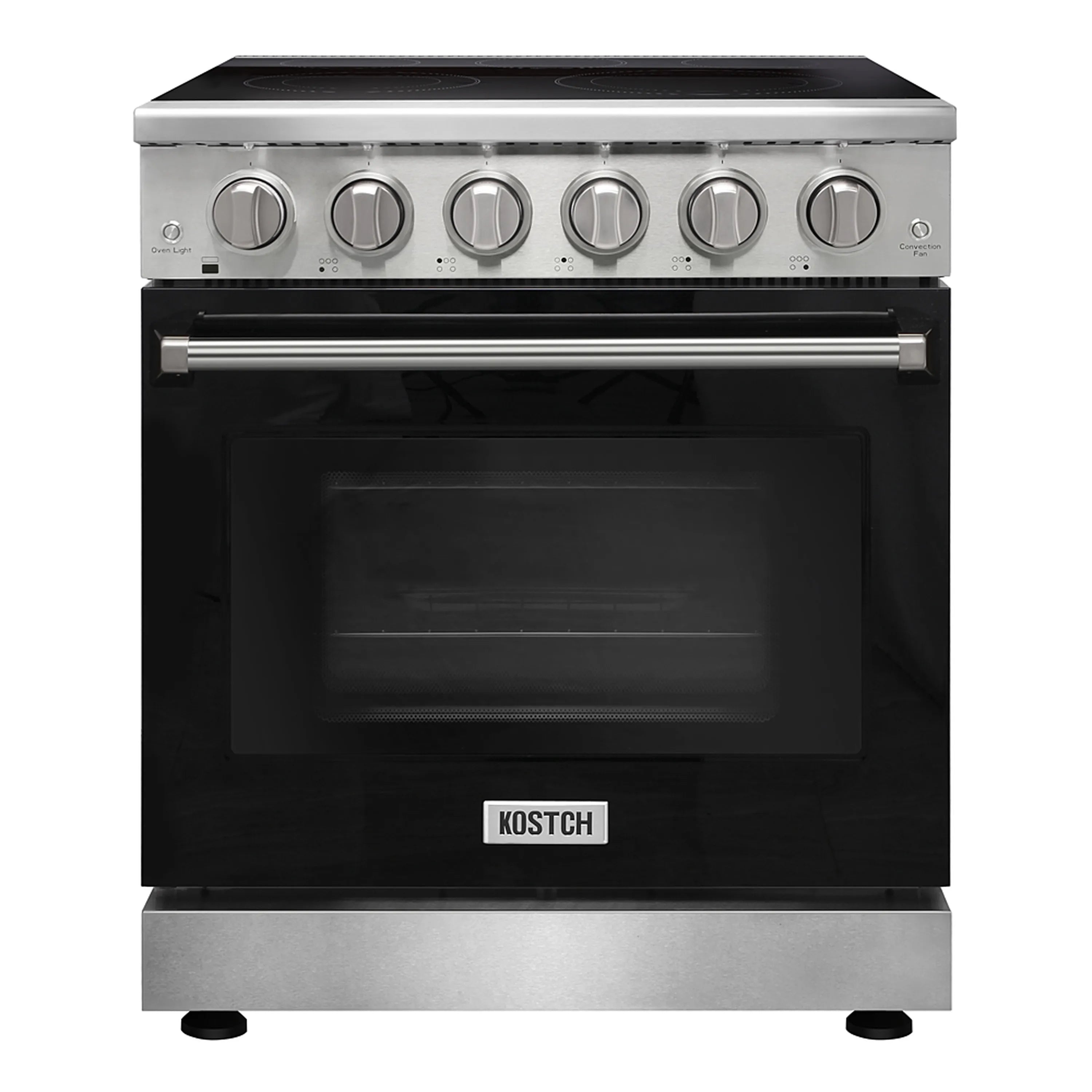 Black electric range with glass cooktop and multiple burner knobs; closed oven door