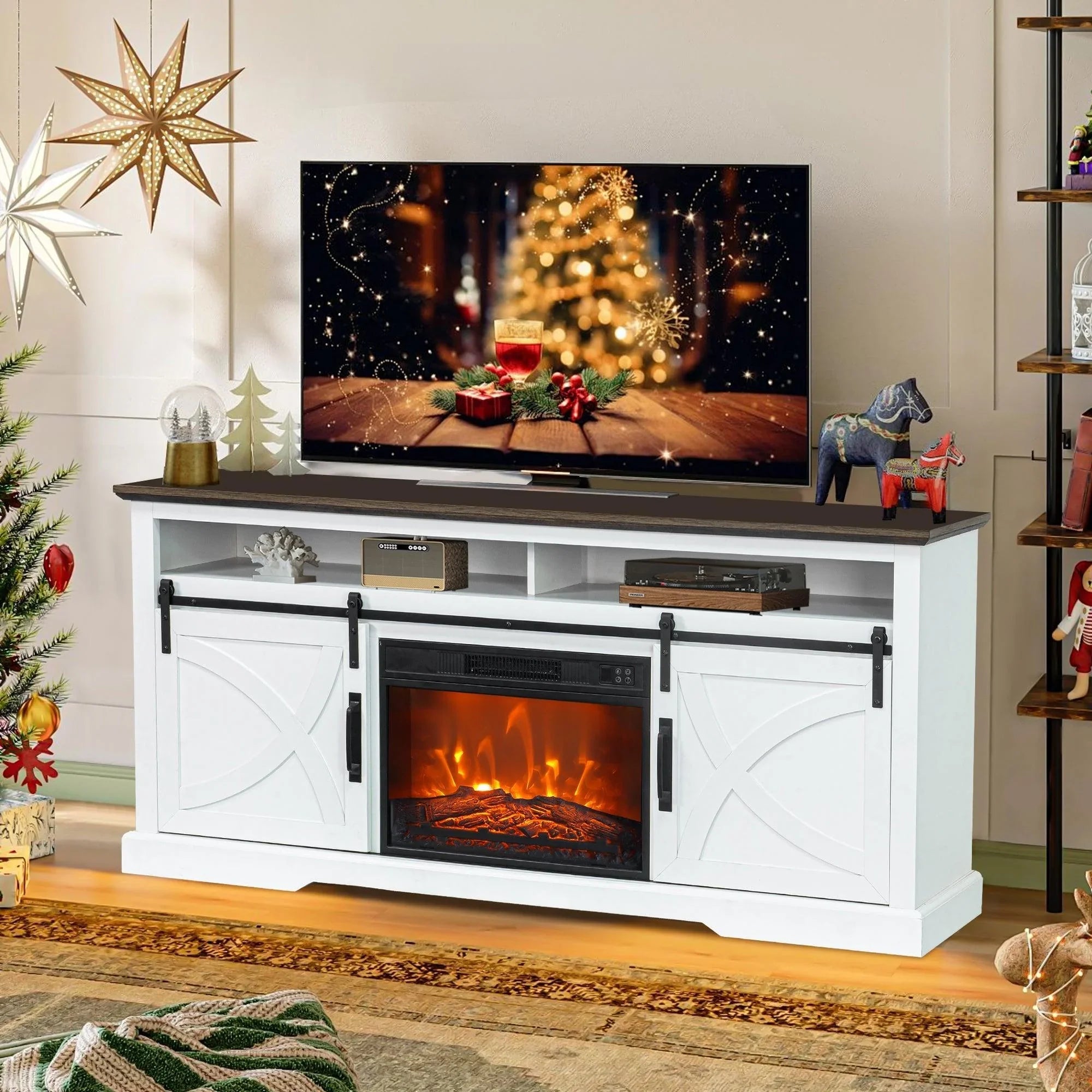 White farmhouse TV console with electric fireplace insert, front view with shelving above