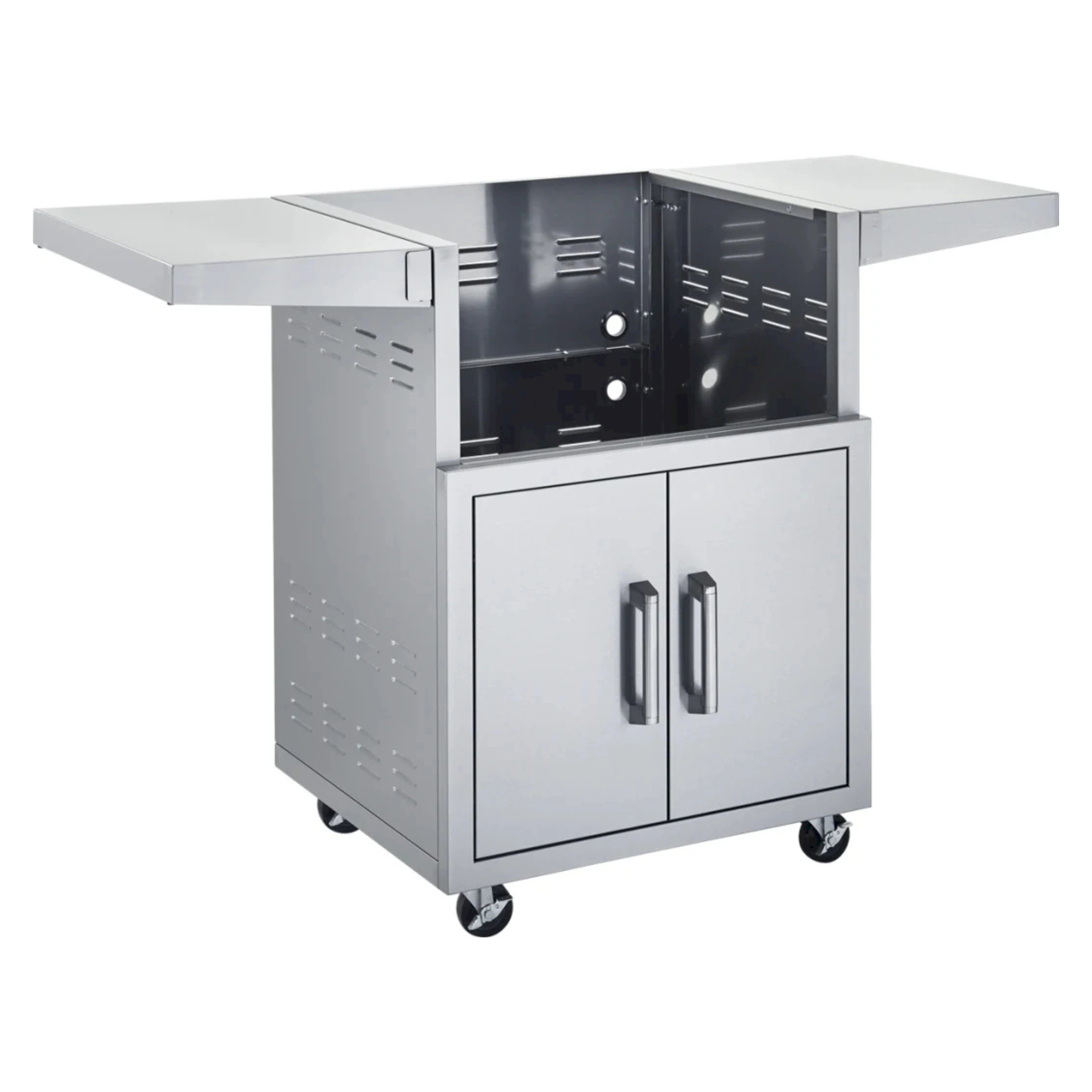 Stainless steel grill cart with two doors, fold-down side shelves, and caster wheels