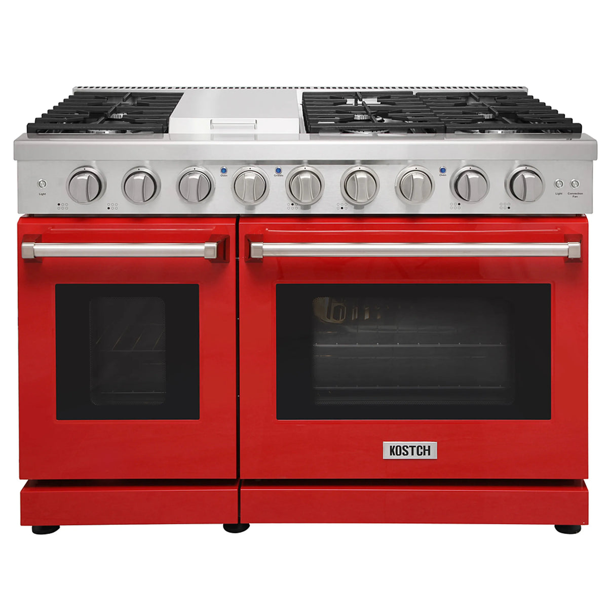 Front view of red gas range with control knobs, black oven windows, and burner grates