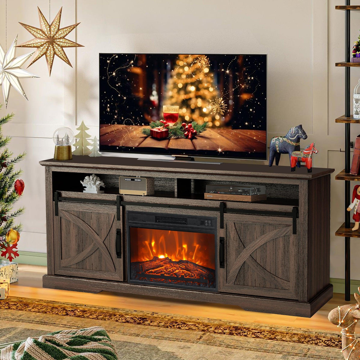 Farmhouse TV console with electric fireplace insert, dark cabinet, front view in living room