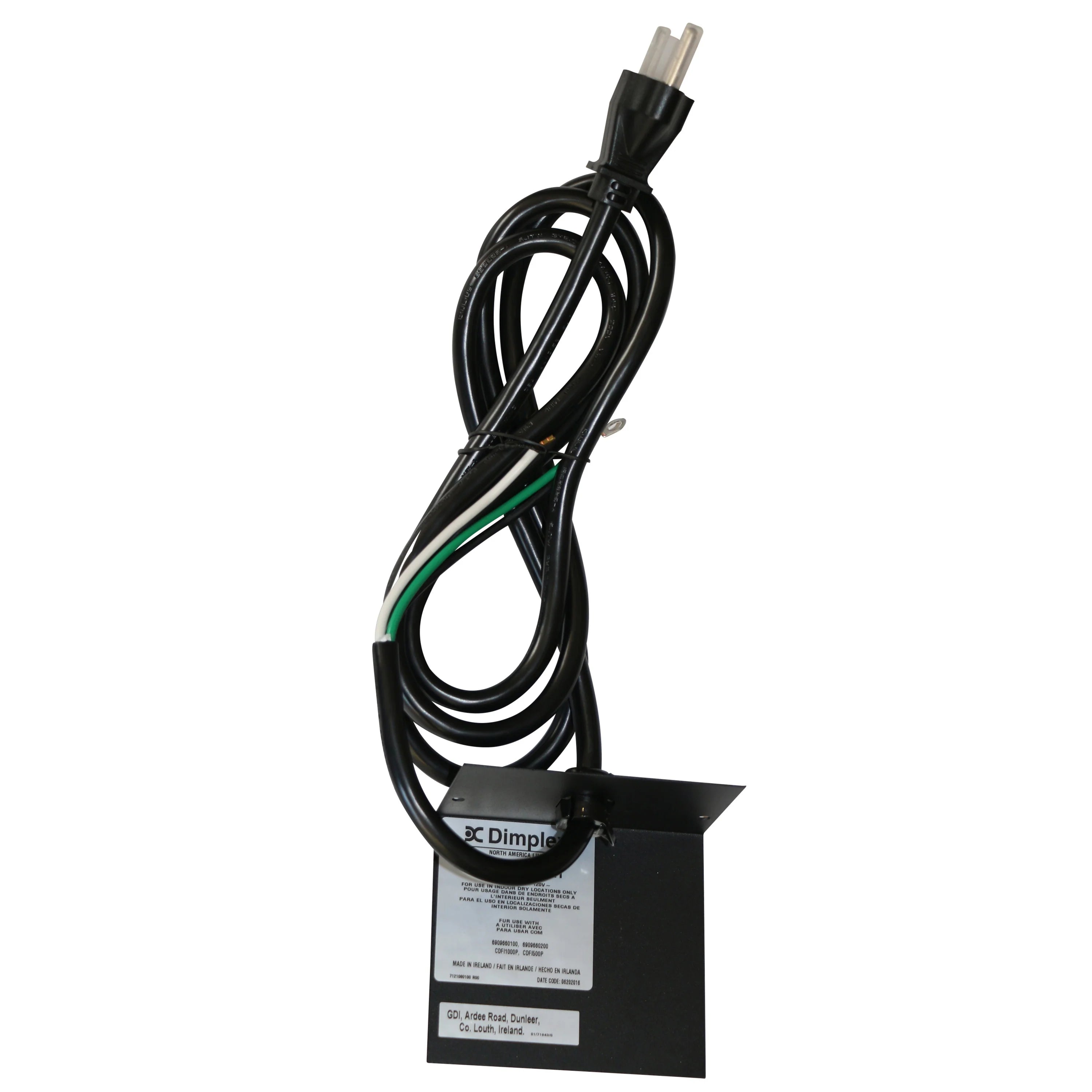 Dimplex Opti-Myst plug kit, coiled black cord with two-pin plug and label panel