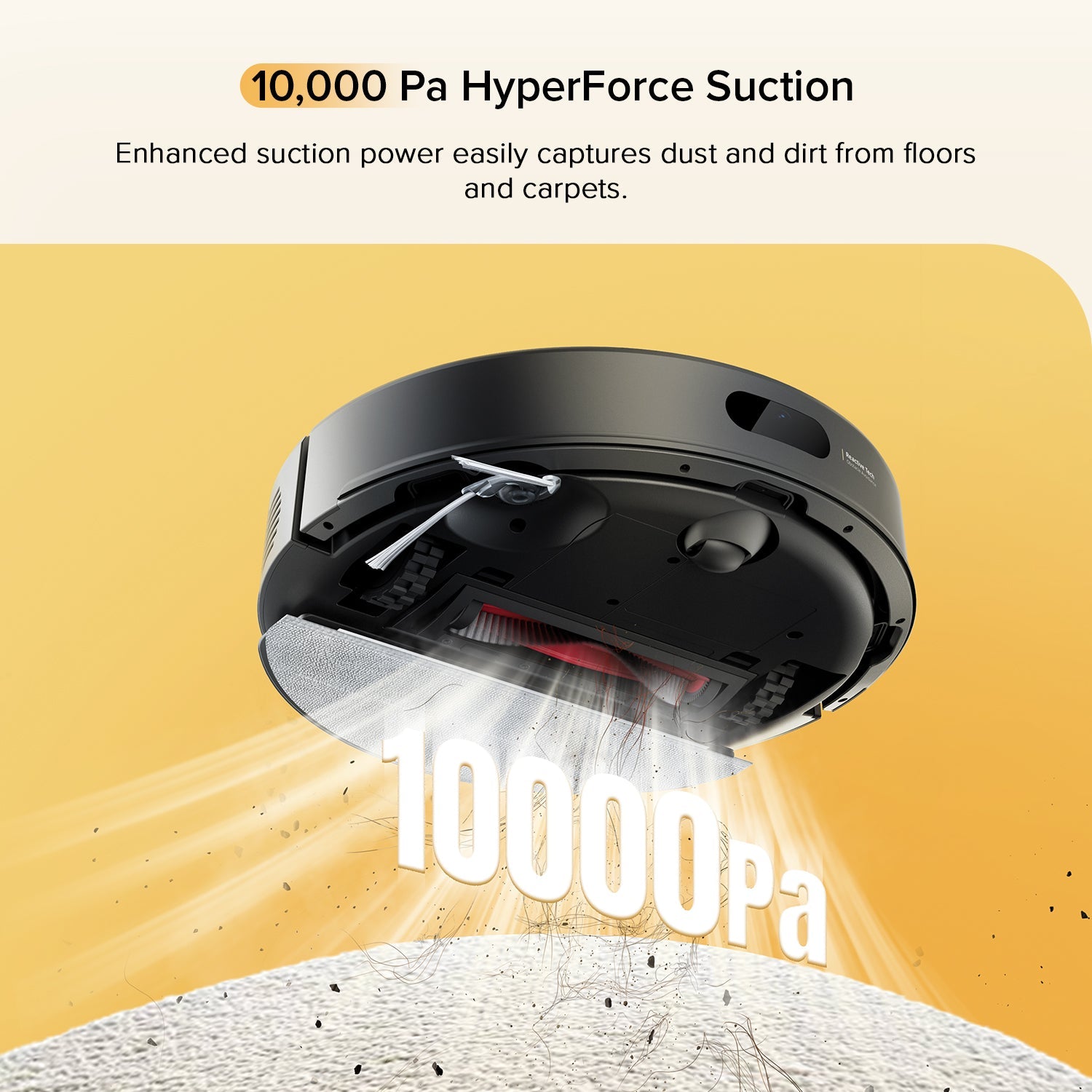Black robot vacuum and mop with open underside brushes and strong suction airflow effect