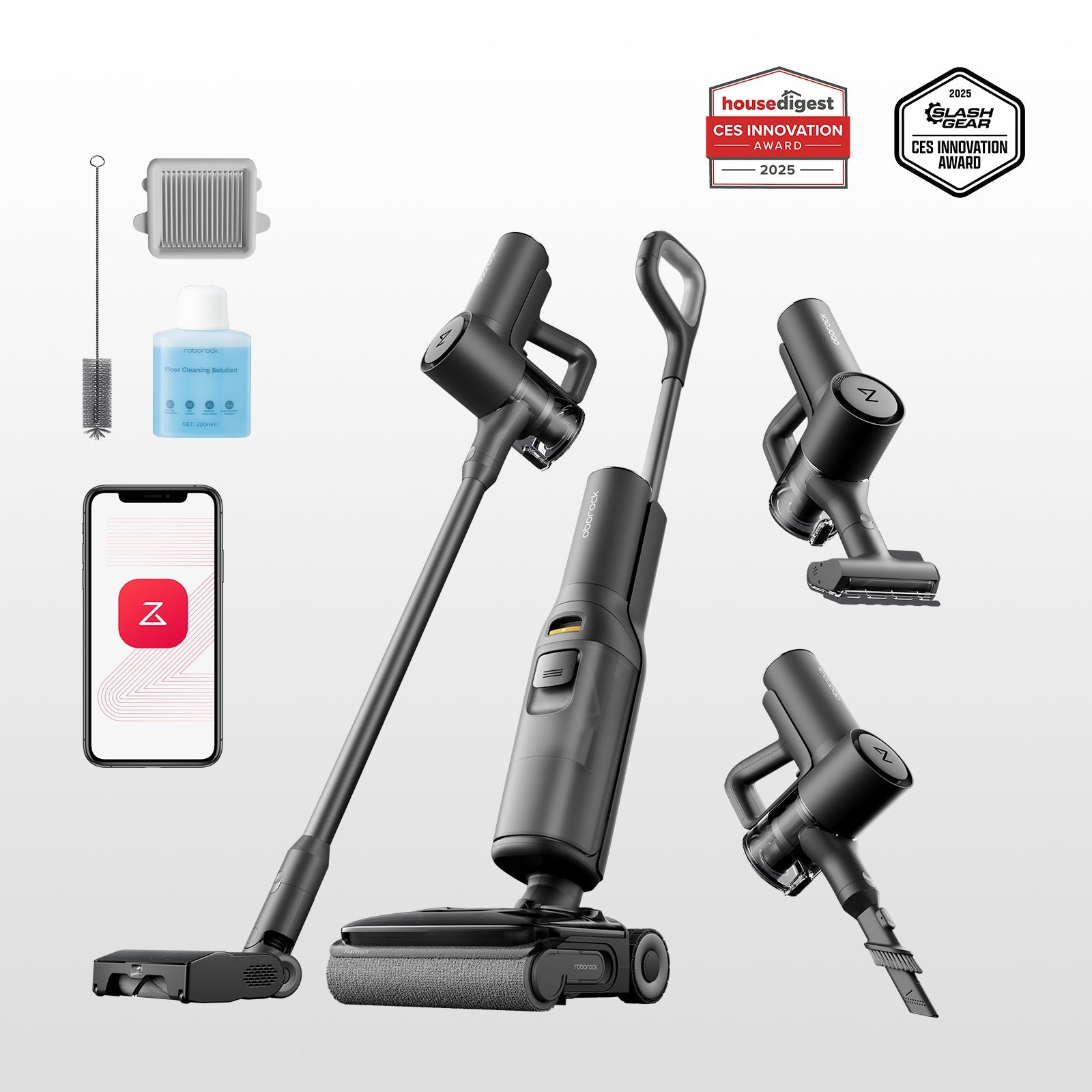 Cordless wet and dry stick vacuum with floor brush and crevice tool attachments