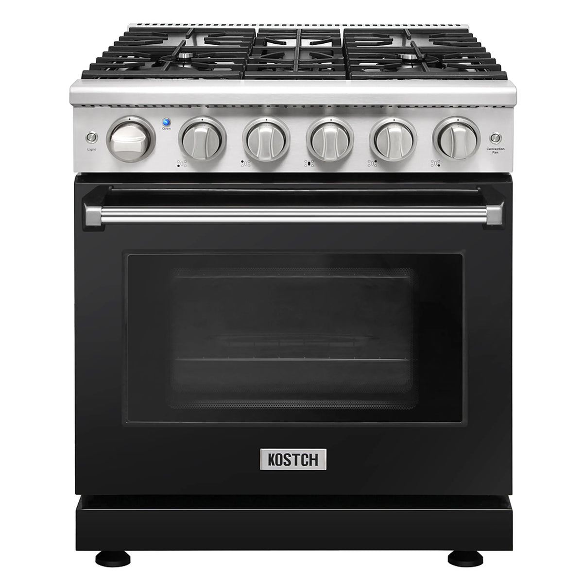 Freestanding gas range with front control knobs and black oven door window