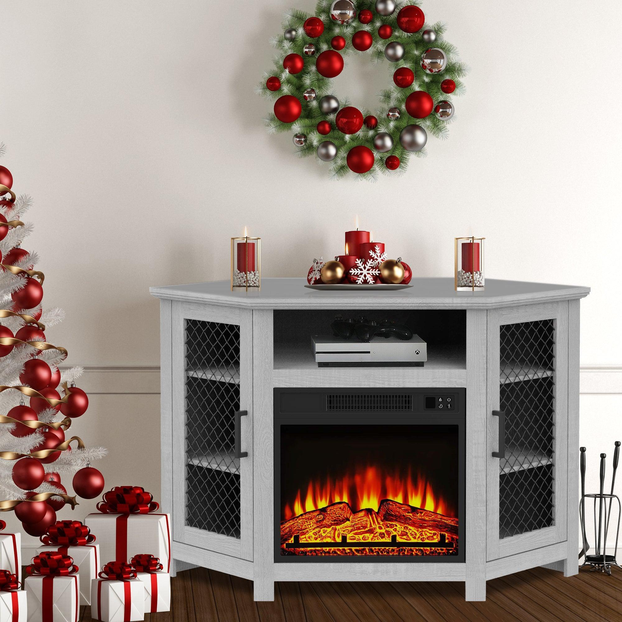 Grey electric fireplace TV stand with two metal mesh doors and central storage shelf
