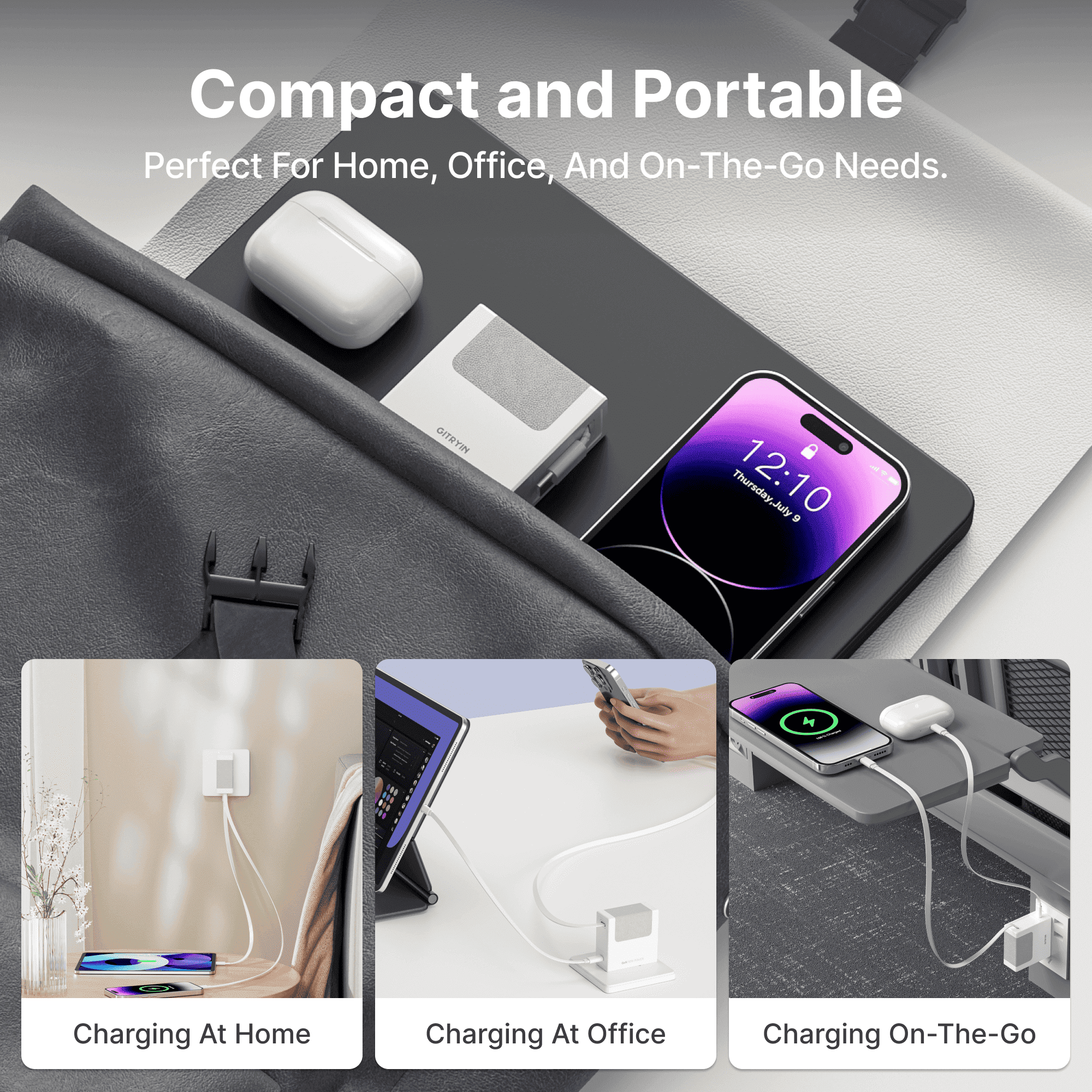 White compact GaN charger with retractable cable charging a smartphone