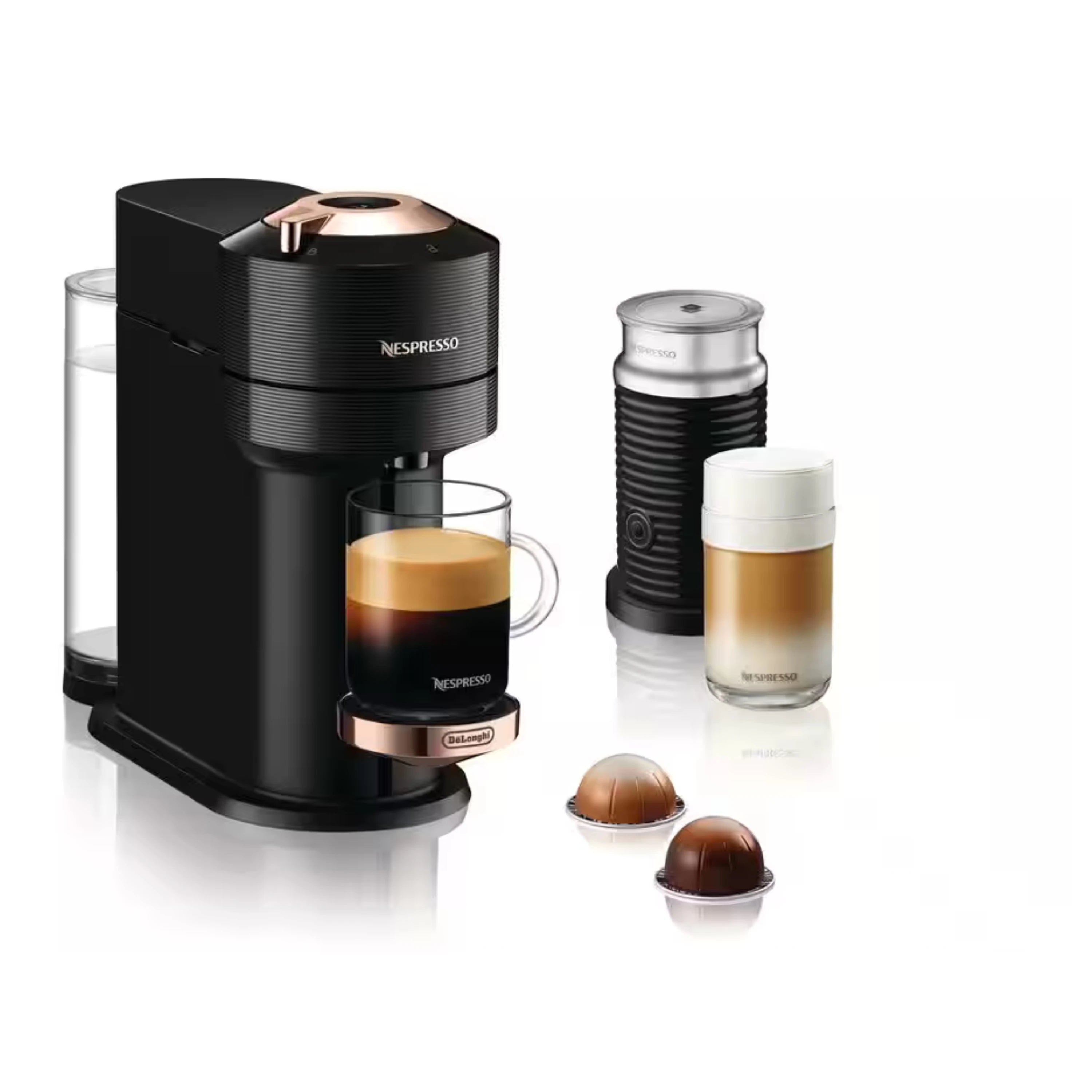Black Nespresso Vertuo Next maker with Rose Gold accents plus Aeroccino 3 frother and capsules