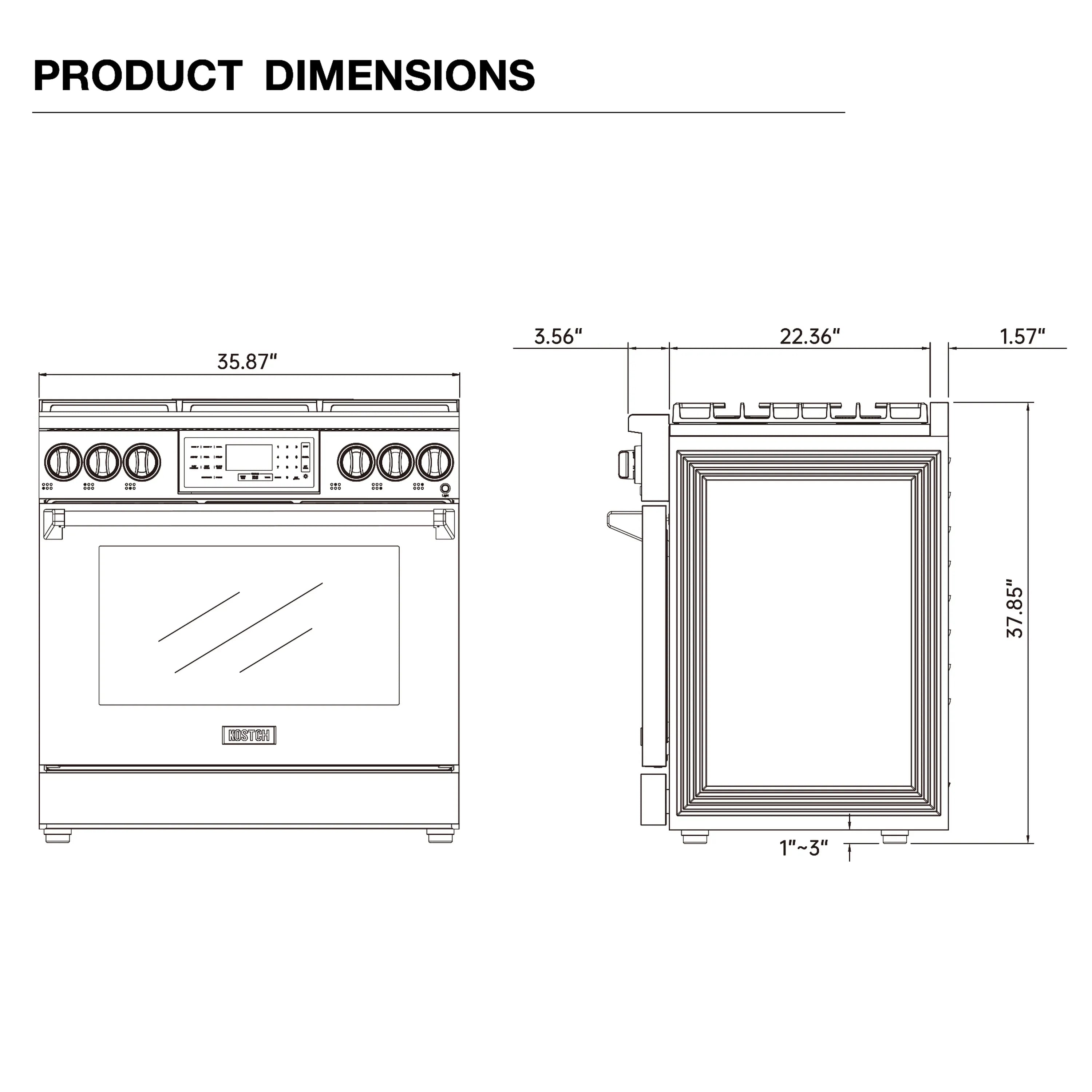 Product dimension diagram for a white gas range, showing front and side measurements