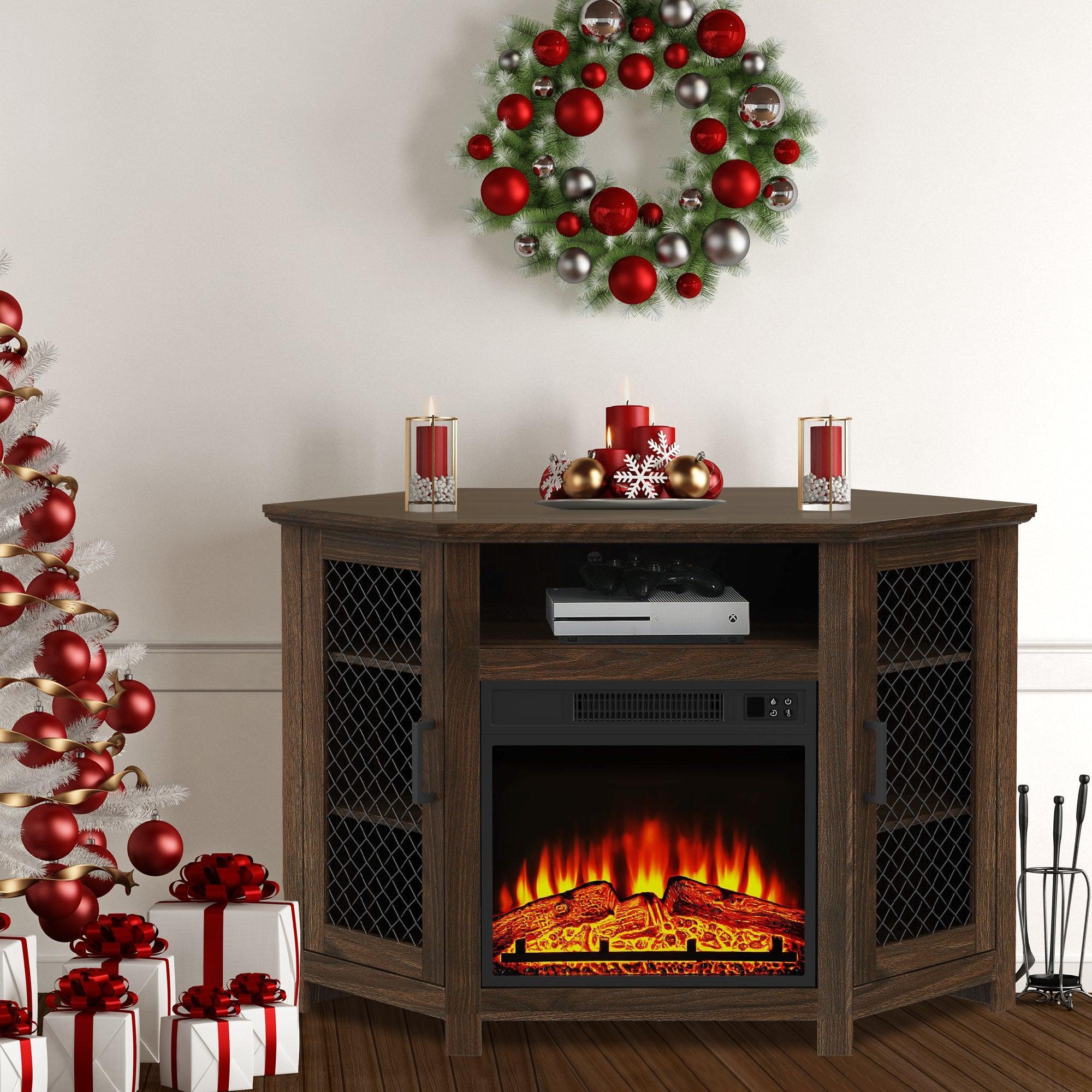 Brown fireplace TV stand with two metal mesh doors and built-in electric firebox