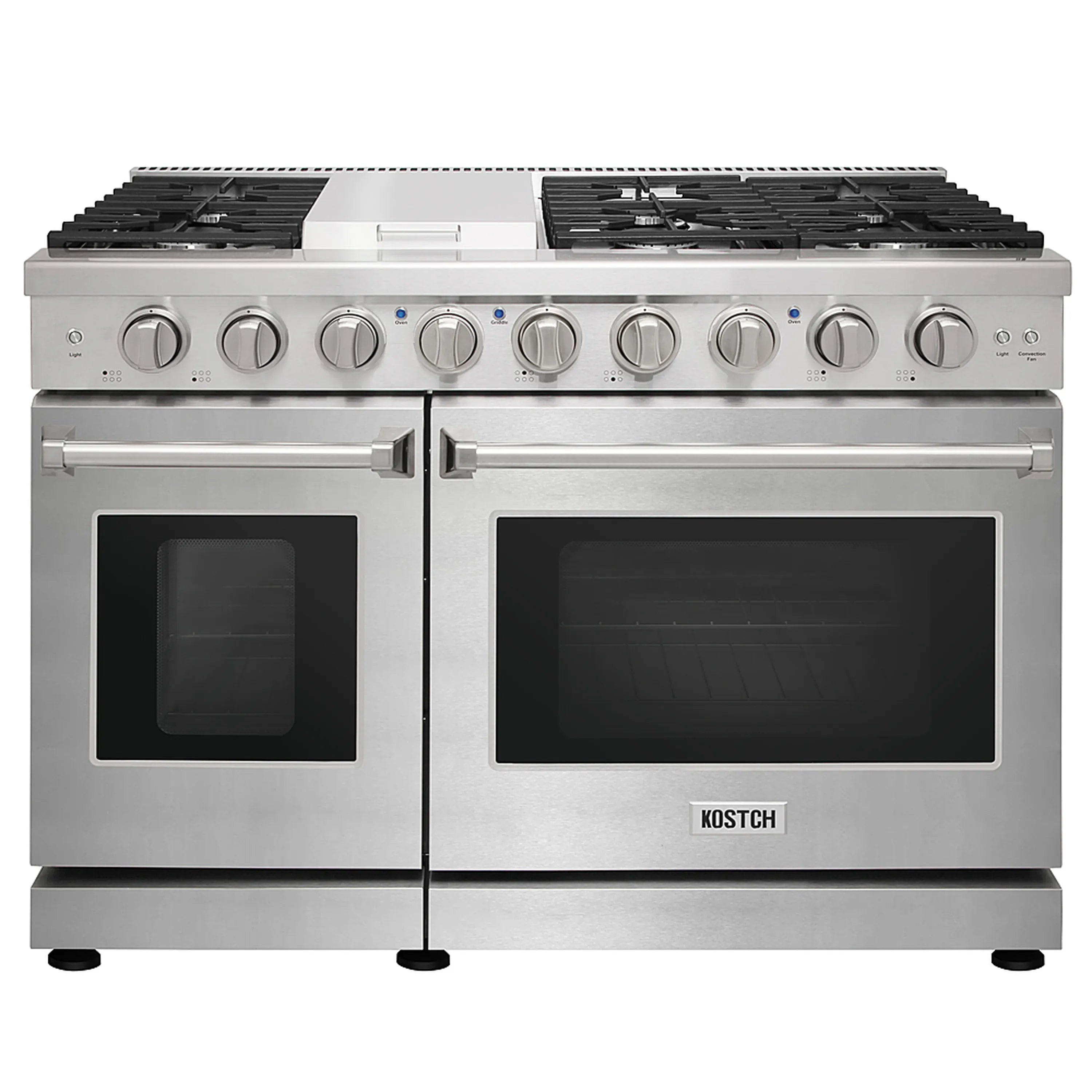 Stainless steel 48-inch gas range with six burners and two glass oven windows