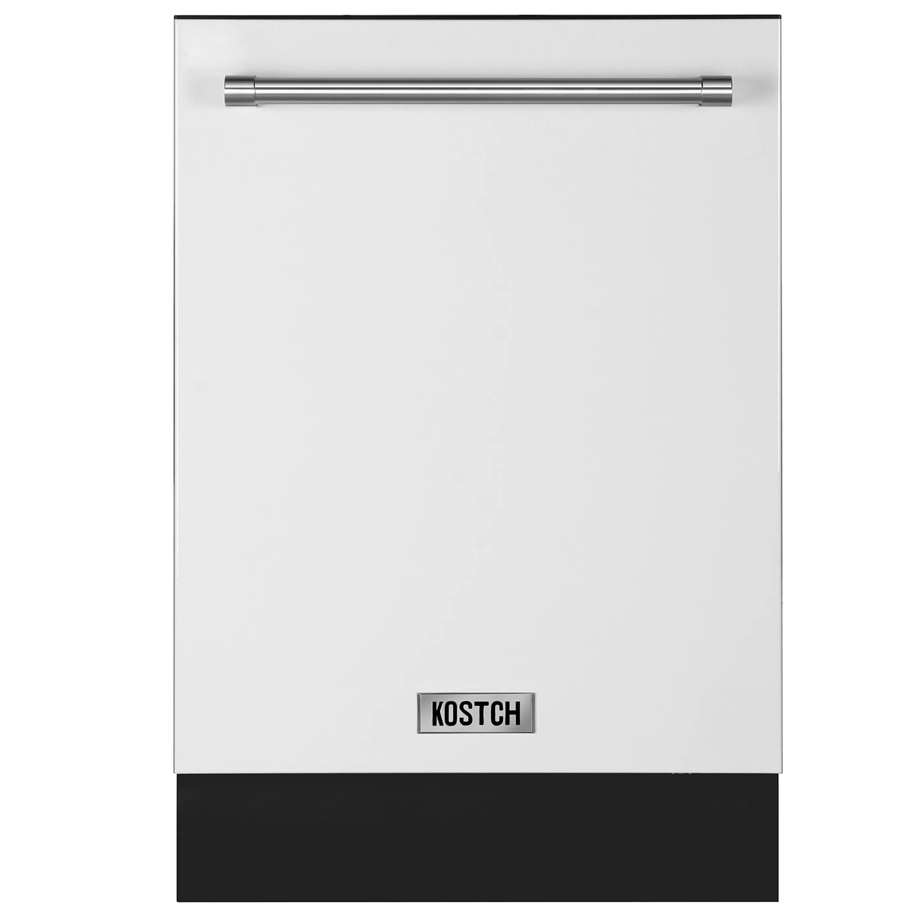 White built-in dishwasher front with stainless handle and KOSTCH badge
