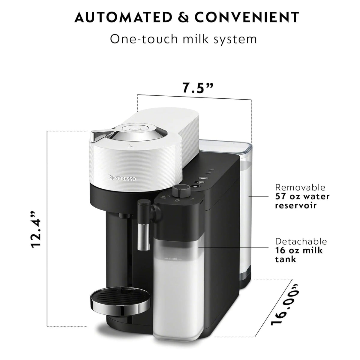 One-touch milk coffee machine with detachable milk tank and removable reservoir