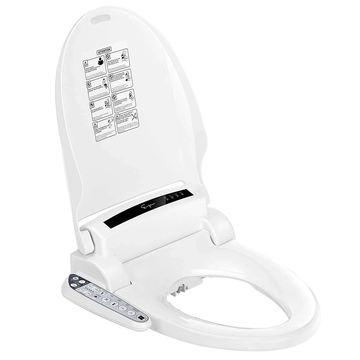 Electric bidet seat with open lid and side remote controls, white with dark display strip