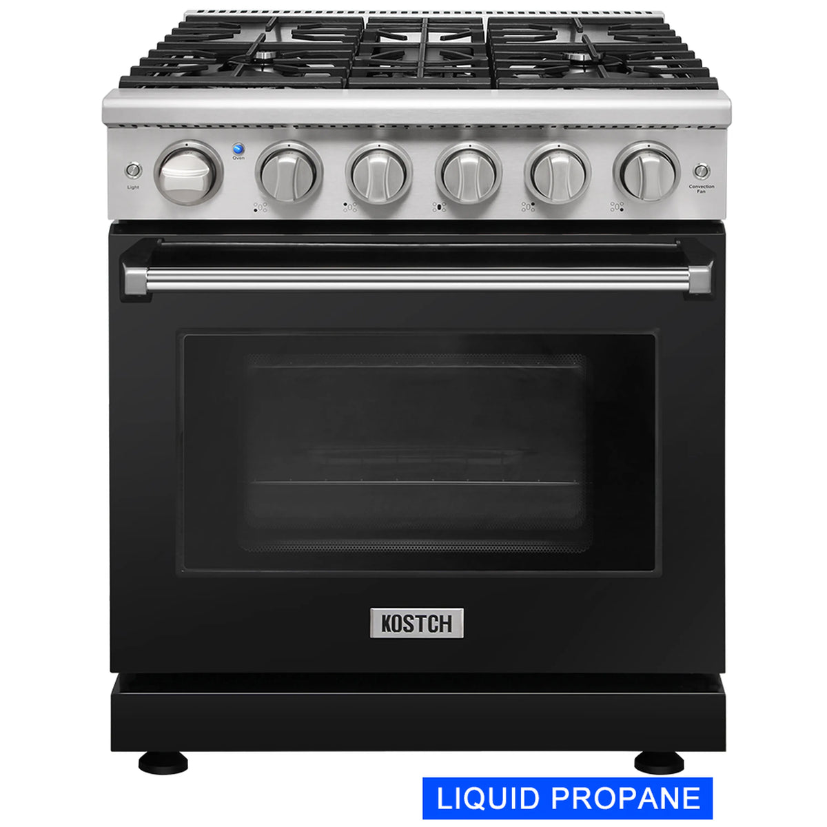 Black propane gas range front with oven window and control knob panel