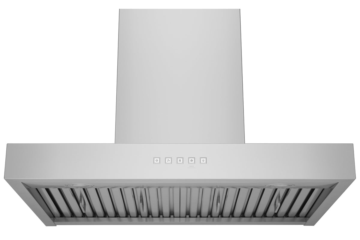 Stainless steel wall mount range hood with chimney and vented filter panel visible.